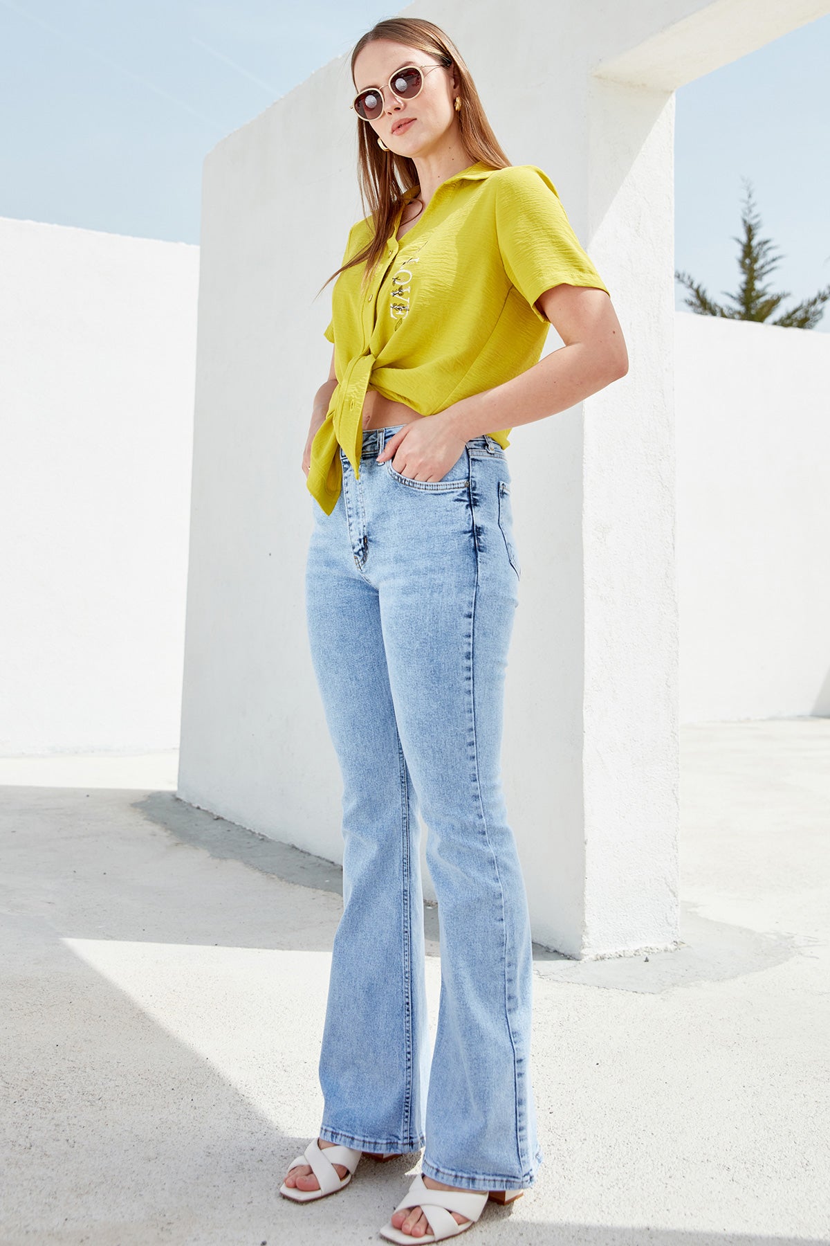 Nakış Detaylı Kısa Kol Krep Gömlek - Fıstık Yeşili (5) Sementa