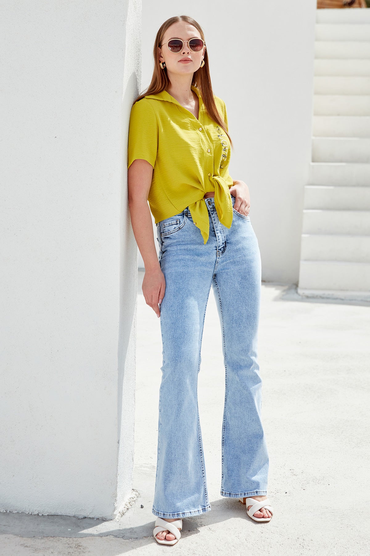 Nakış Detaylı Kısa Kol Krep Gömlek - Fıstık Yeşili (7) Sementa