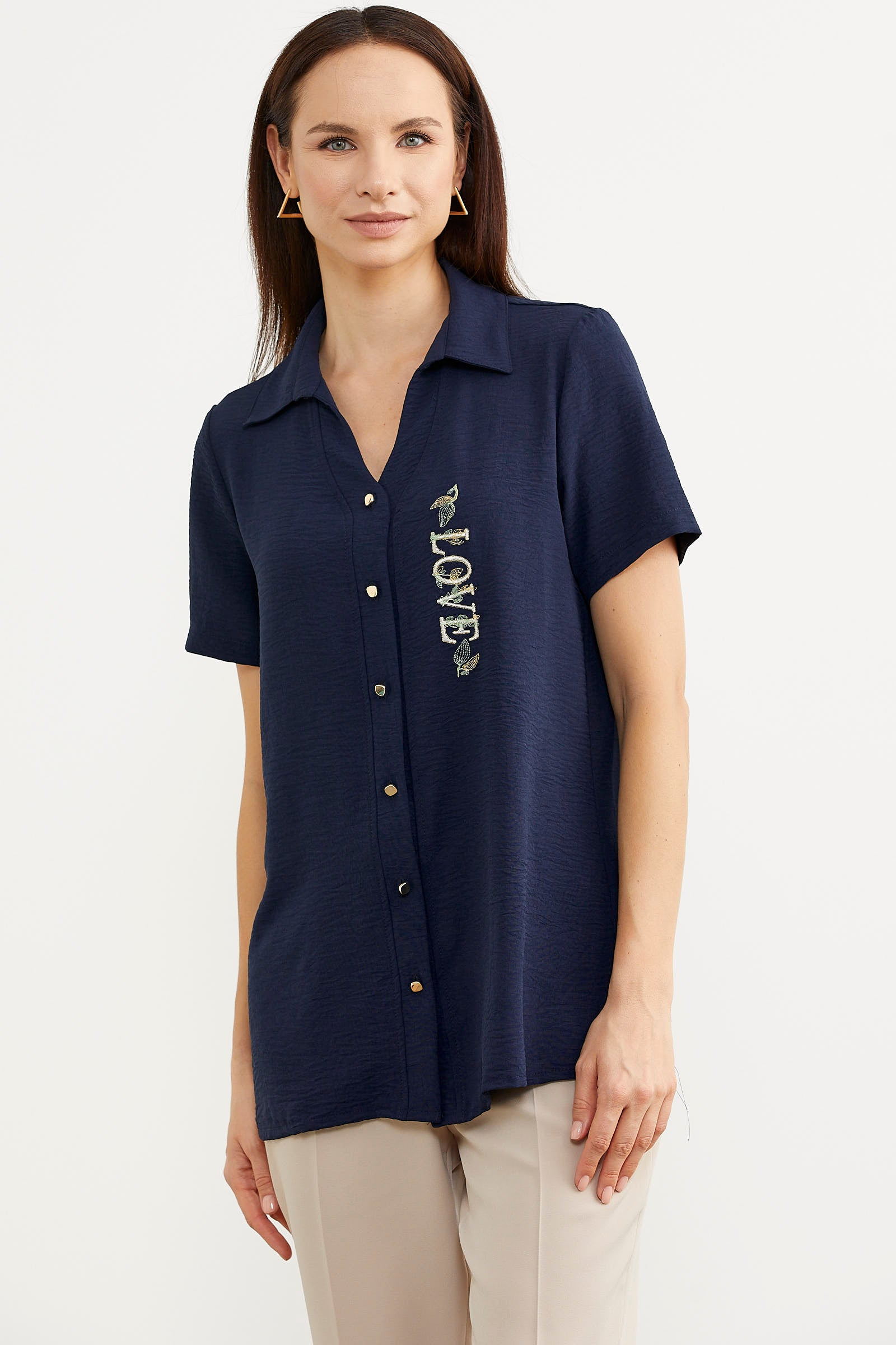 Nakış Detaylı Kısa Kol Krep Gömlek - Lacivert (2) Sementa