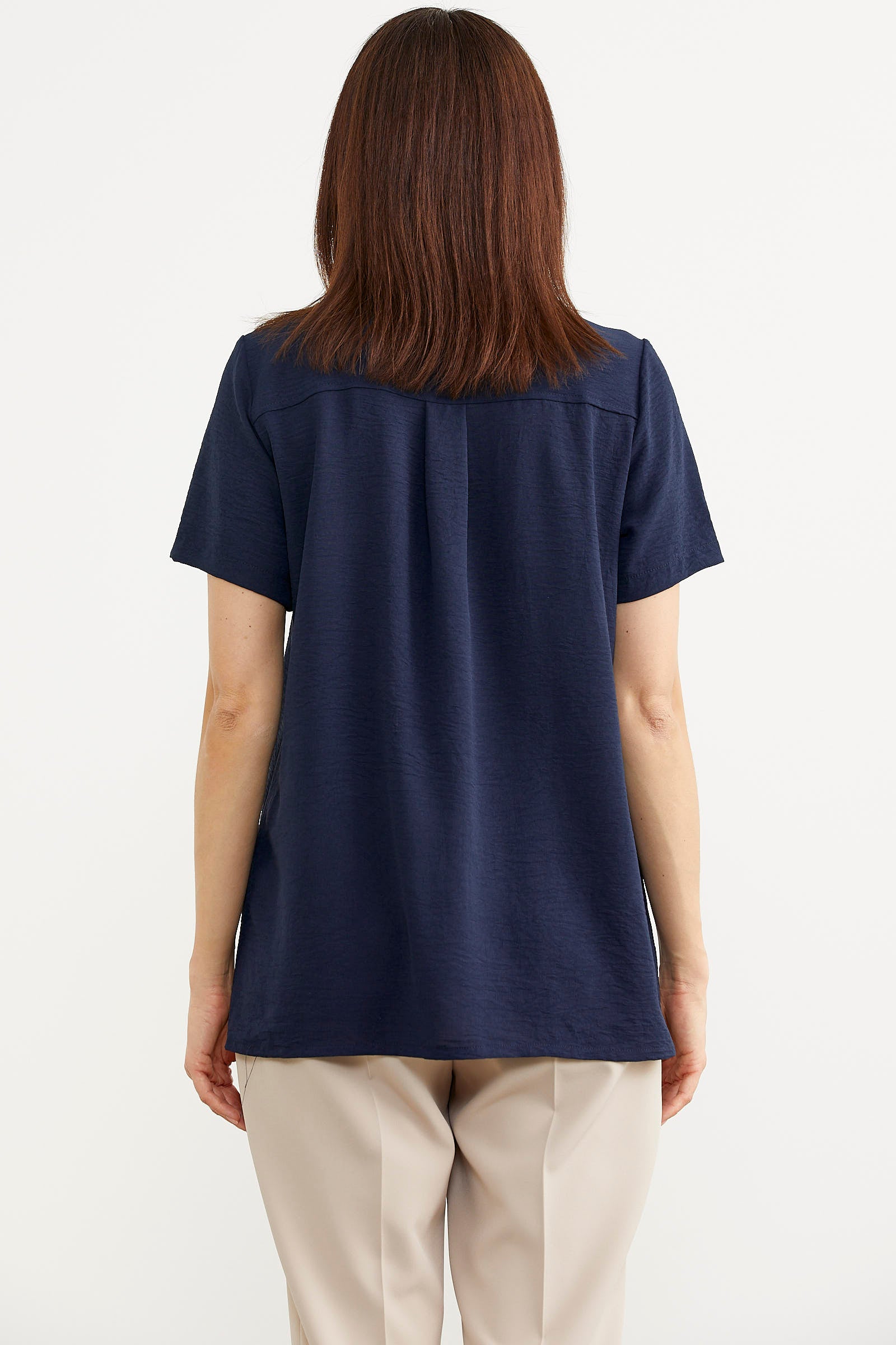 Nakış Detaylı Kısa Kol Krep Gömlek - Lacivert (4) Sementa