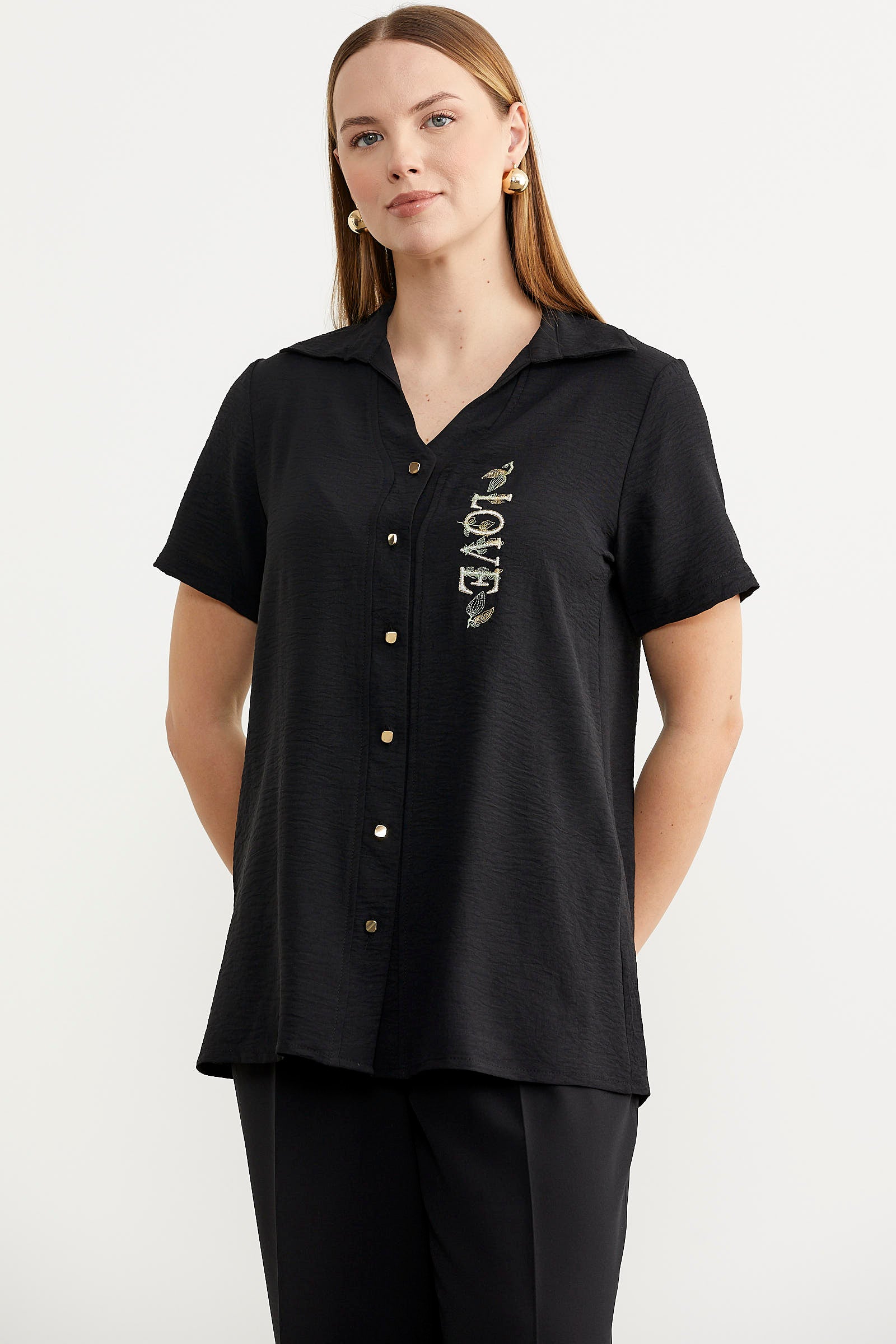 Nakış Detaylı Kısa Kol Krep Gömlek - Siyah (2) Sementa