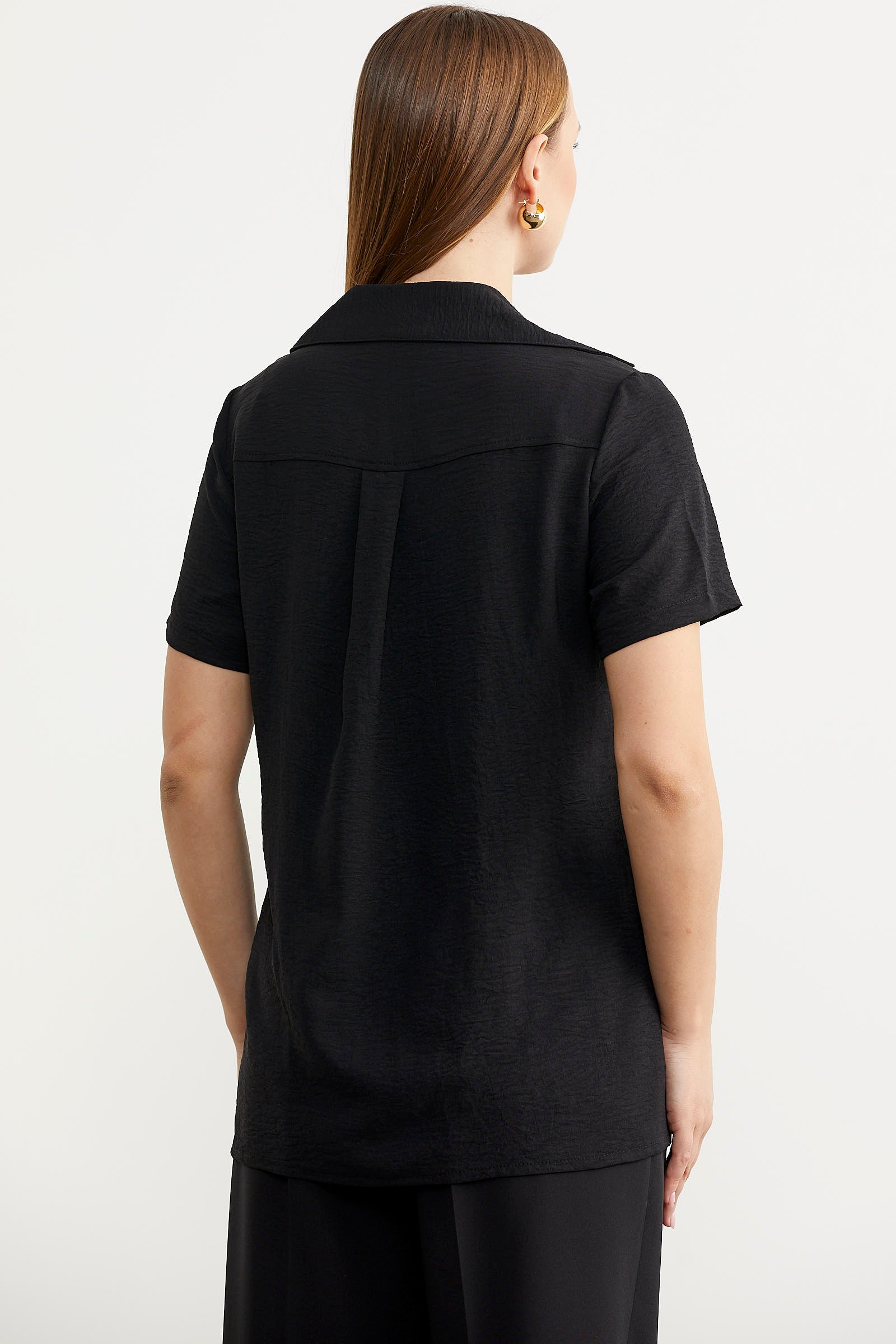 Nakış Detaylı Kısa Kol Krep Gömlek - Siyah (5) Sementa