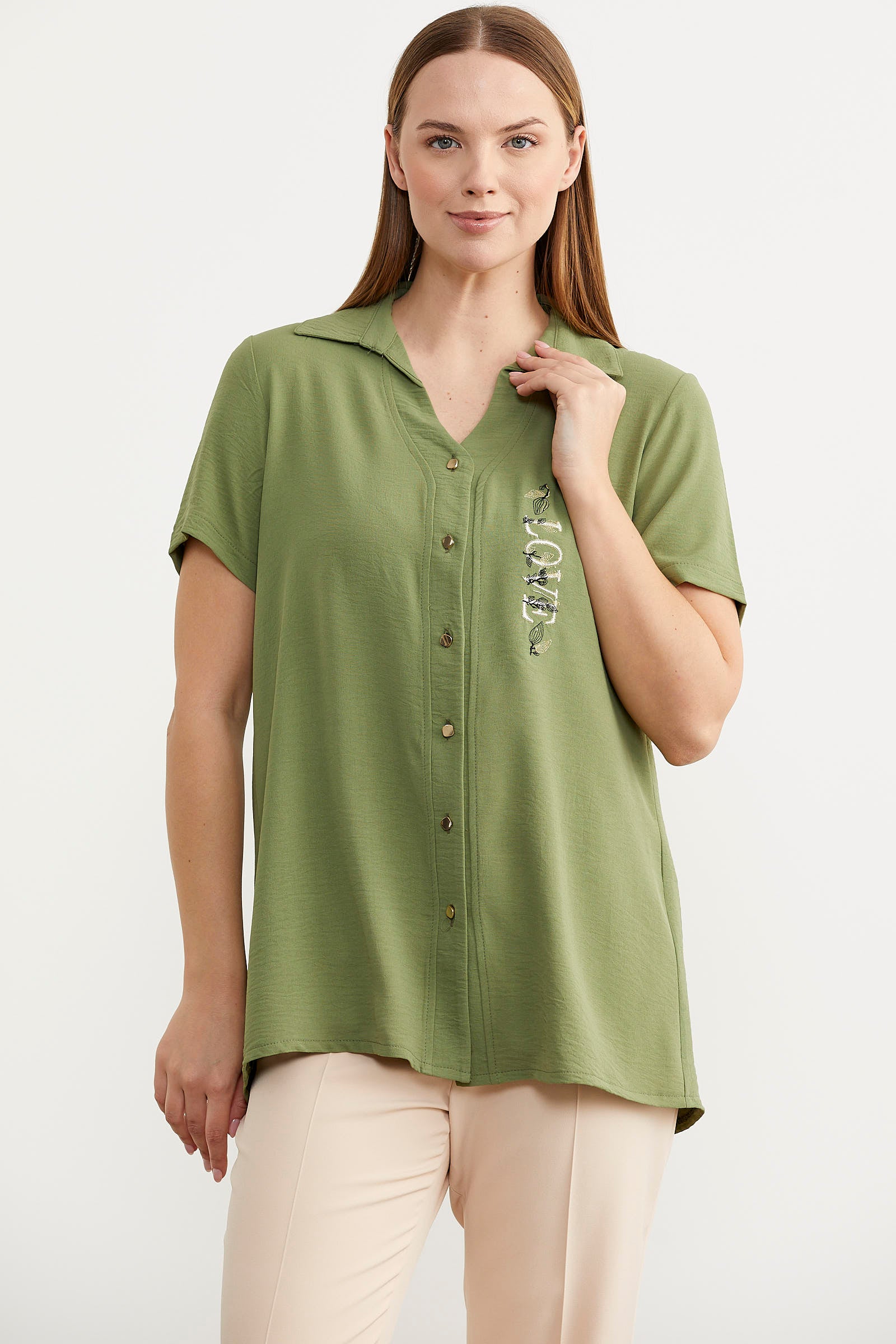 Nakış Detaylı Kısa Kol Krep Gömlek - Yeşil (2) Sementa