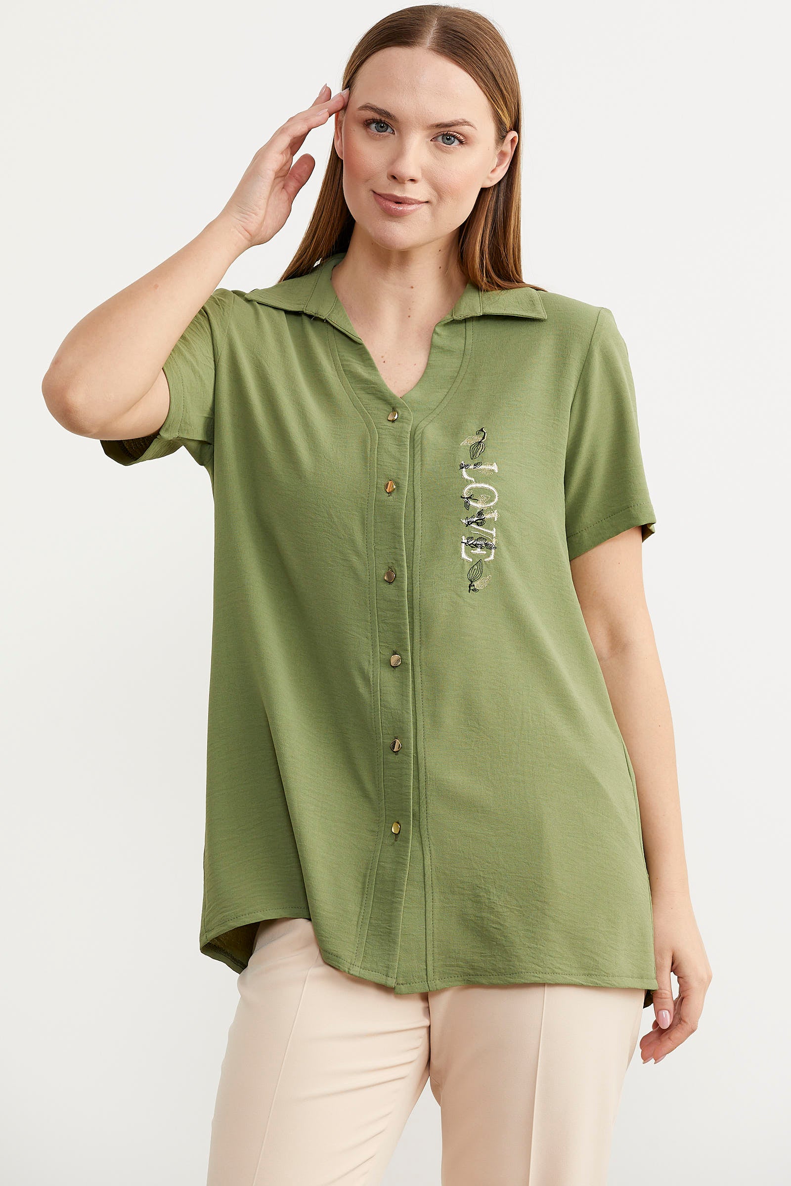 Nakış Detaylı Kısa Kol Krep Gömlek - Yeşil (3) Sementa