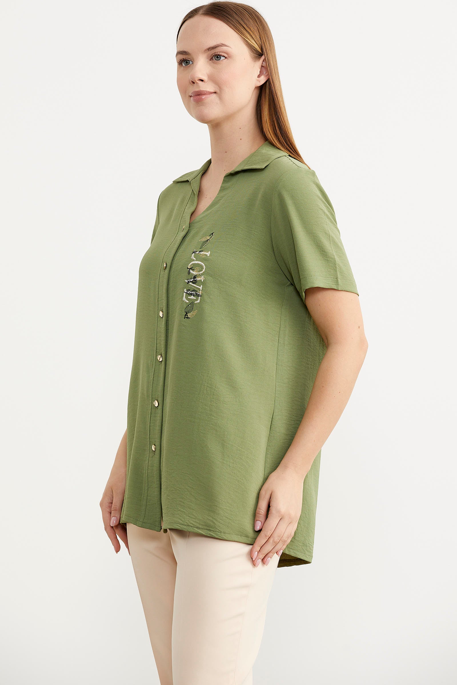 Nakış Detaylı Kısa Kol Krep Gömlek - Yeşil (5) Sementa
