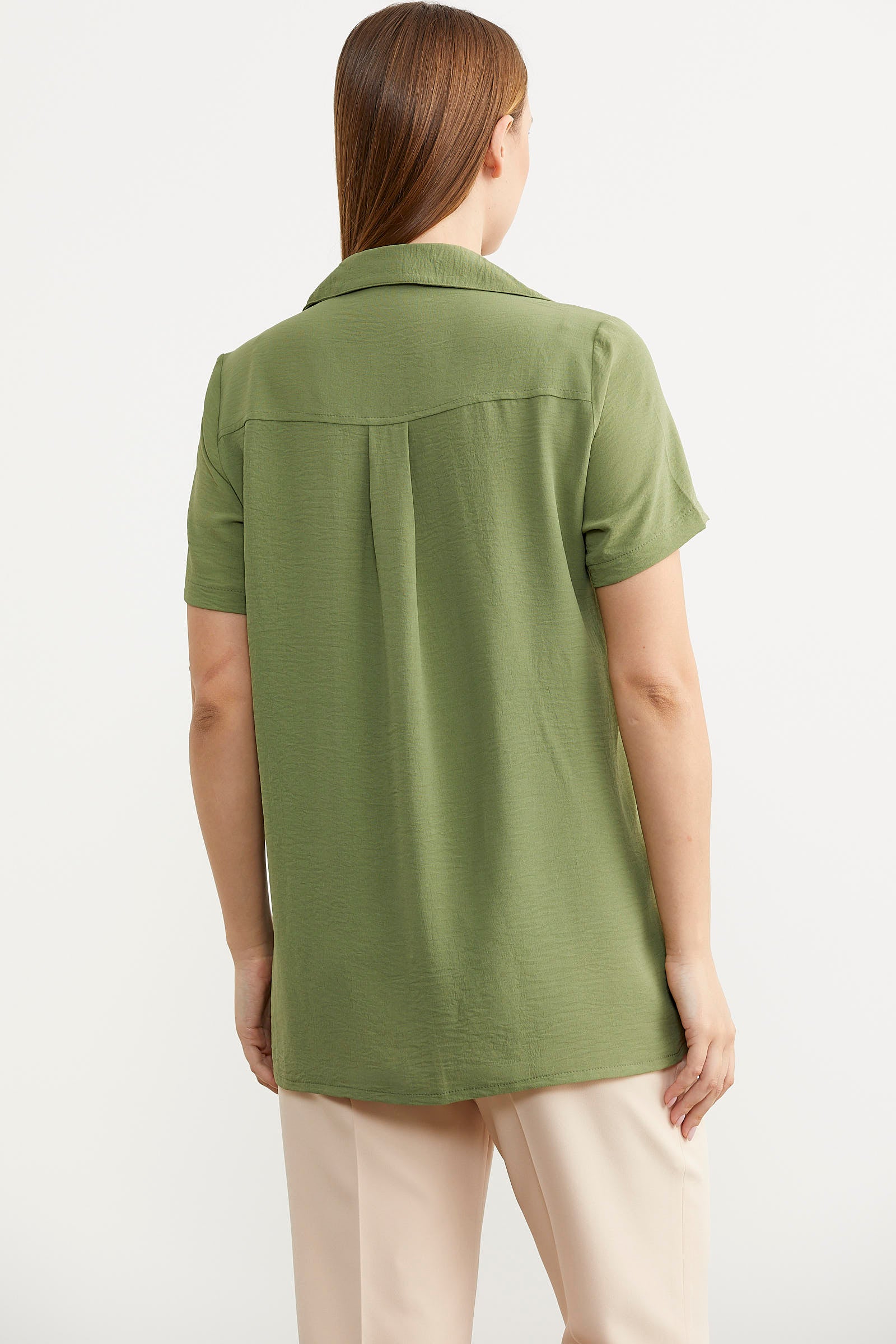 Nakış Detaylı Kısa Kol Krep Gömlek - Yeşil (6) Sementa