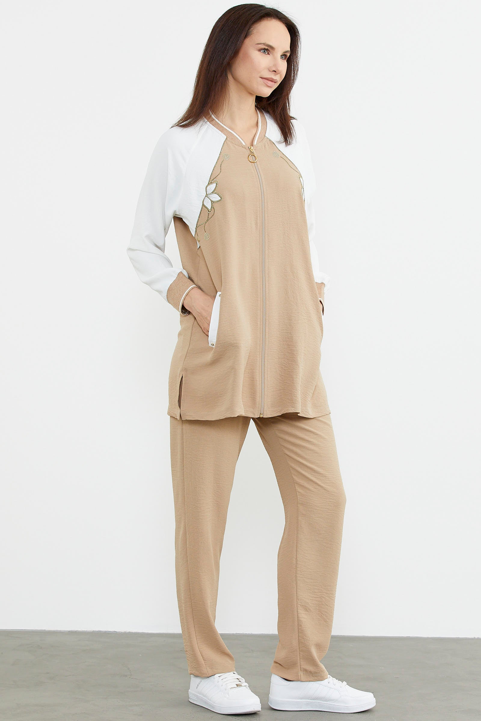 Nakış Detaylı Tunik Krep Takım - Taş (3) Sementa