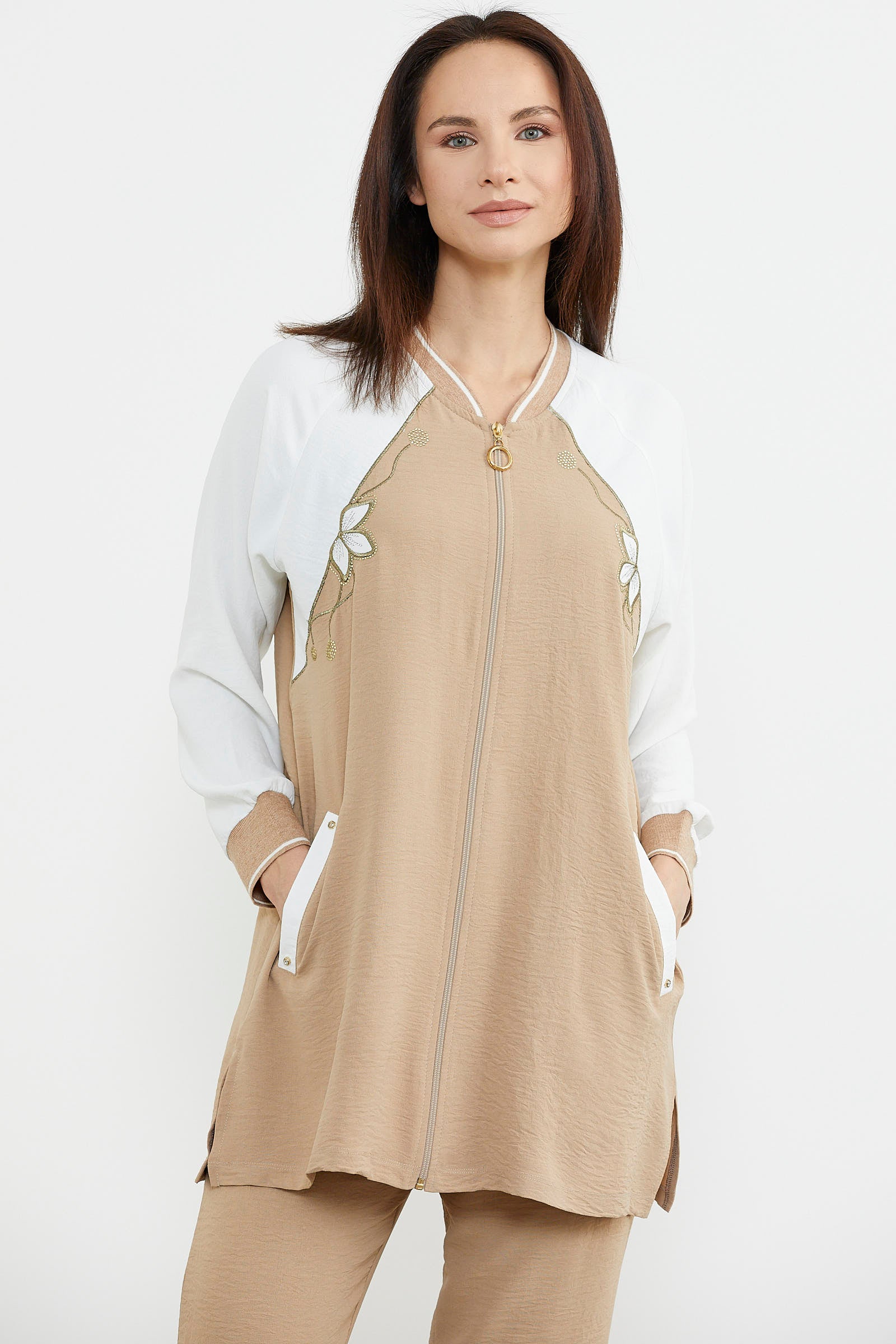 Nakış Detaylı Tunik Krep Takım - Taş (2) Sementa