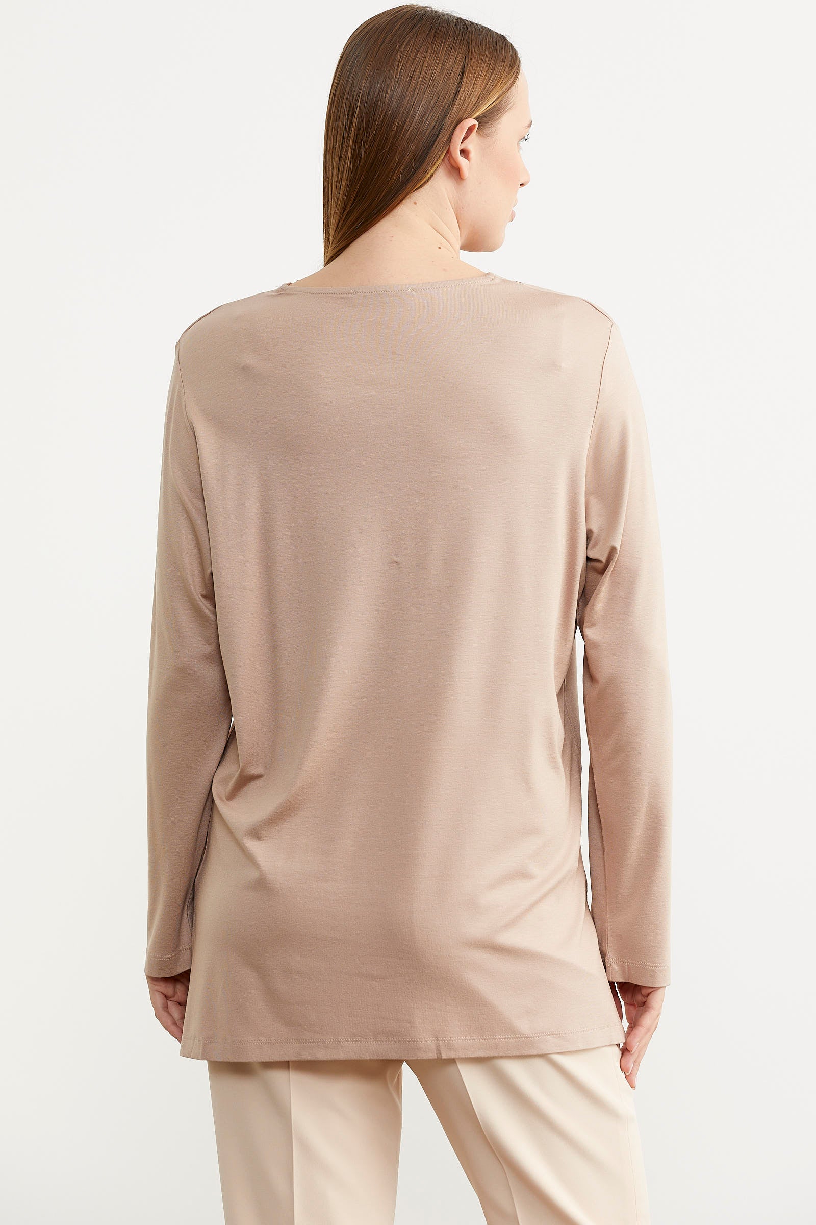 Nakış Yakalı Uzun Kol Penye Tişört - Bej (6) Sementa