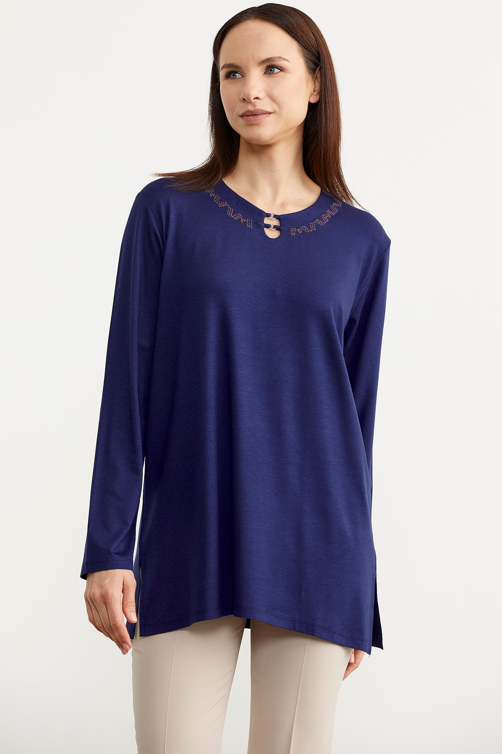 Nakış Yakalı Uzun Kol Penye Tişört - Indigo (3) Sementa