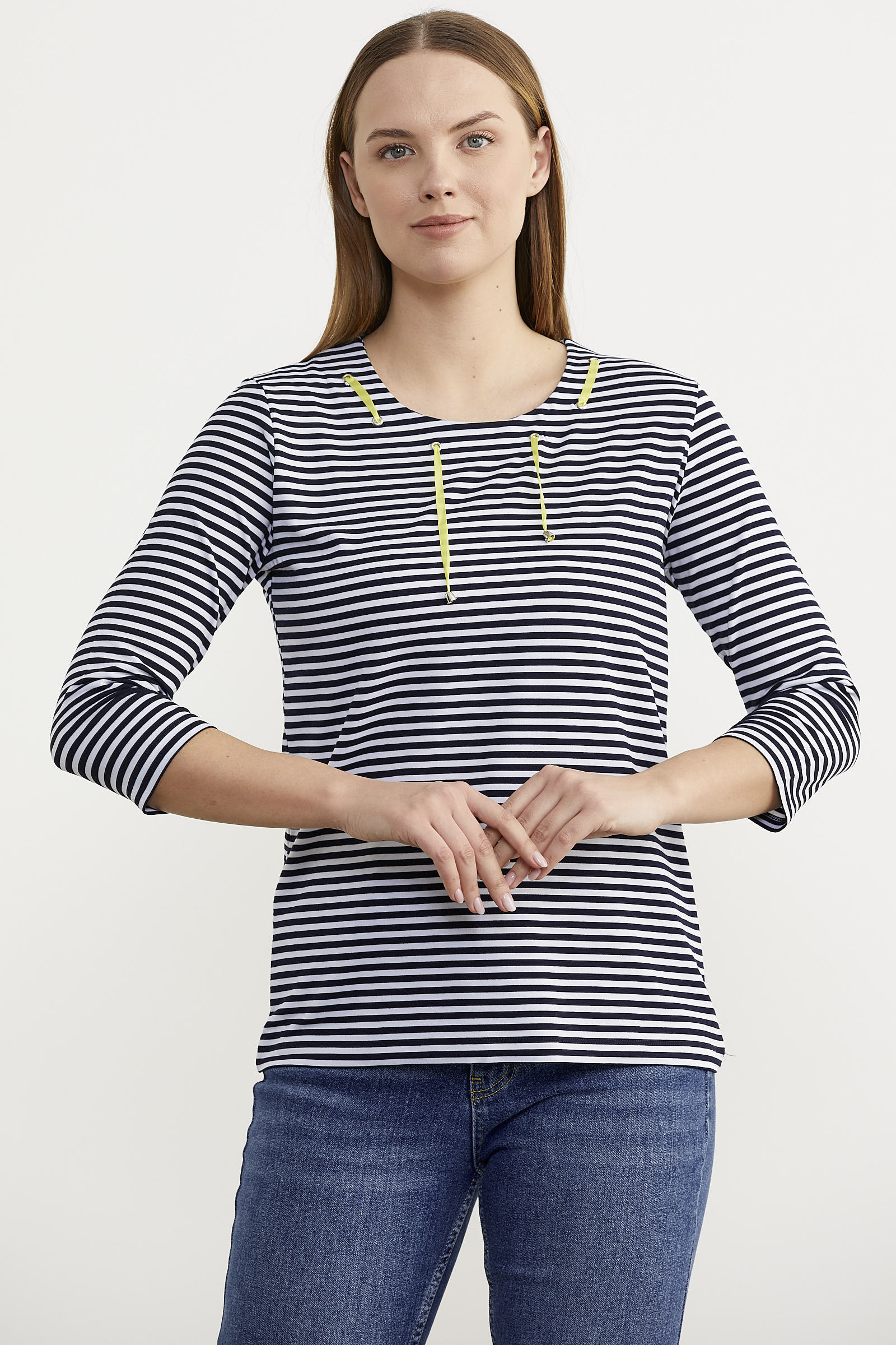 Neon İp Detaylı Çizgili Tişört - Lacivert (2) Sementa