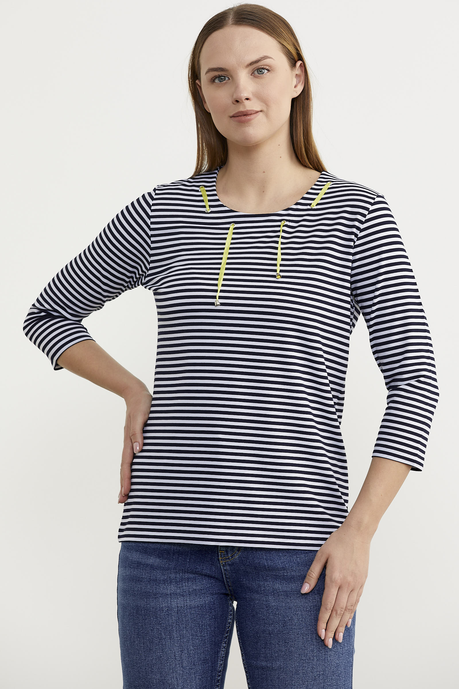 Neon İp Detaylı Çizgili Tişört - Lacivert (3) Sementa