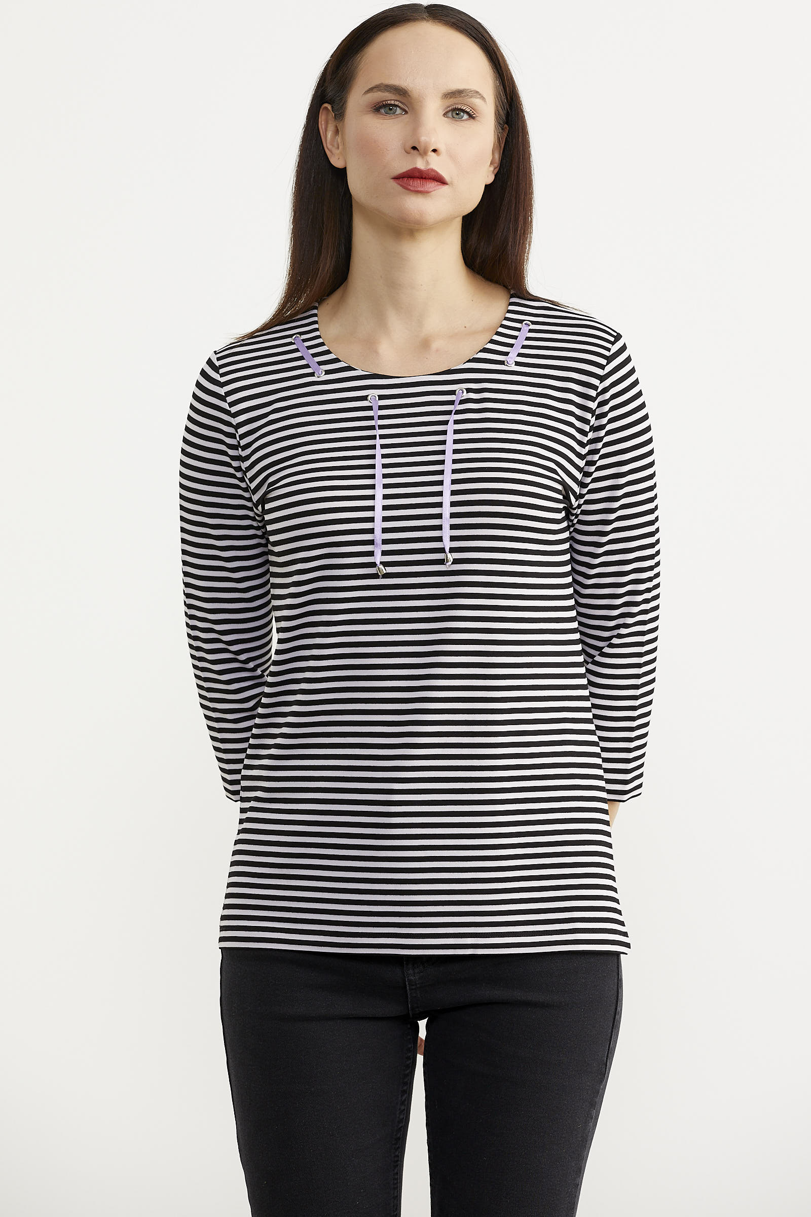 Neon İp Detaylı Çizgili Tişört - Siyah (1) Sementa