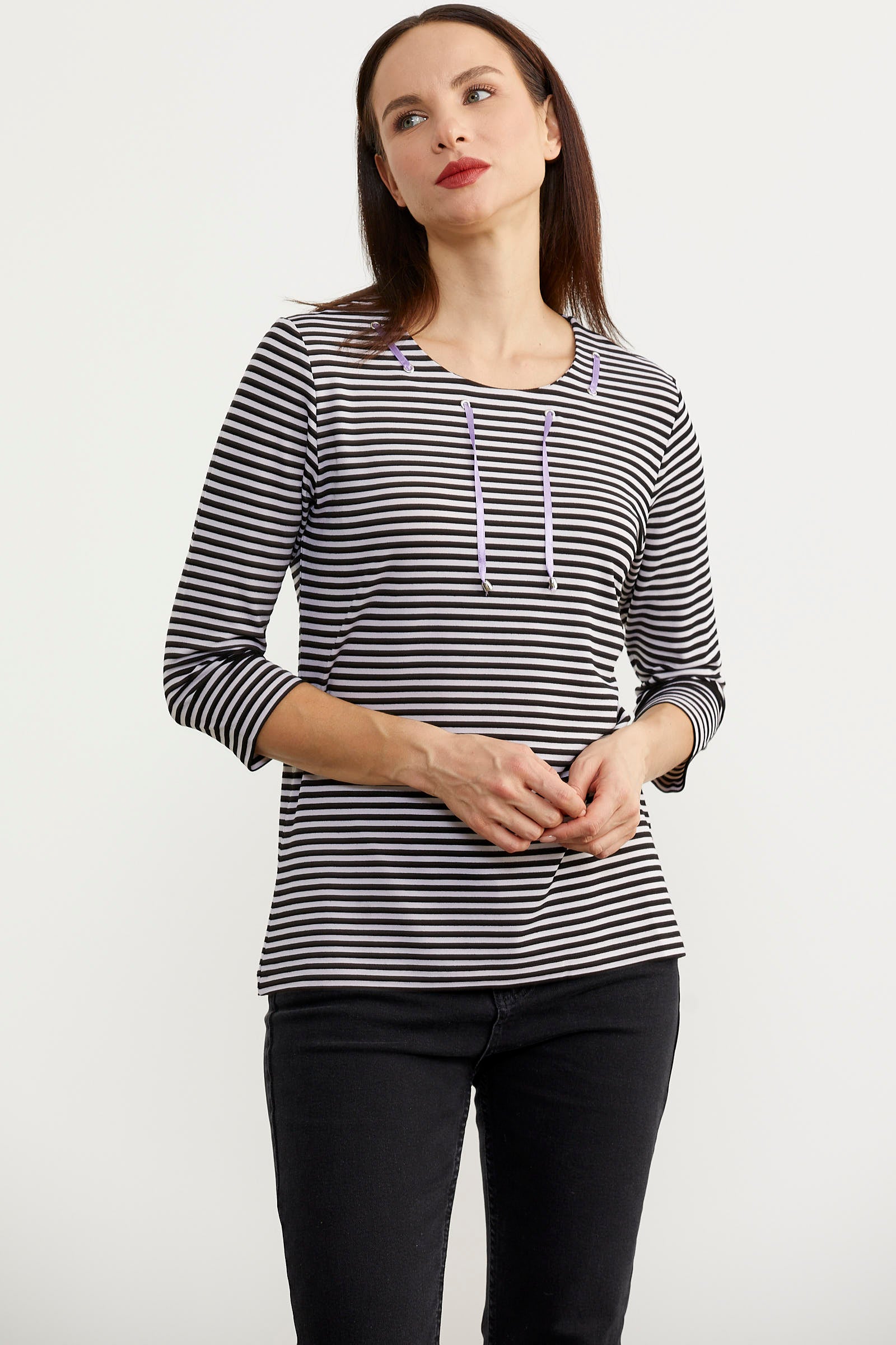 Neon İp Detaylı Çizgili Tişört - Siyah (2) Sementa