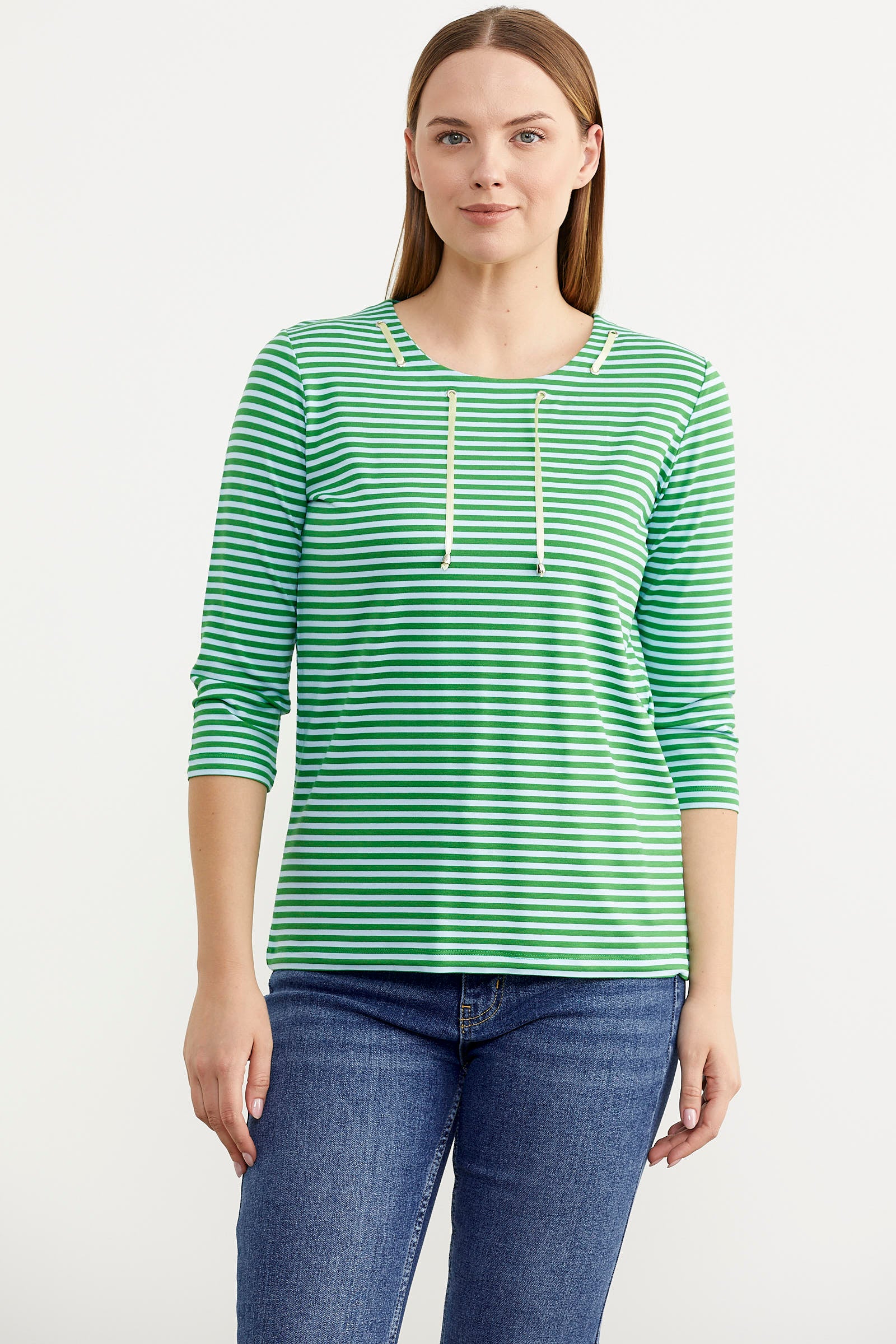 Neon İp Detaylı Çizgili Tişört - Yeşil (1) Sementa