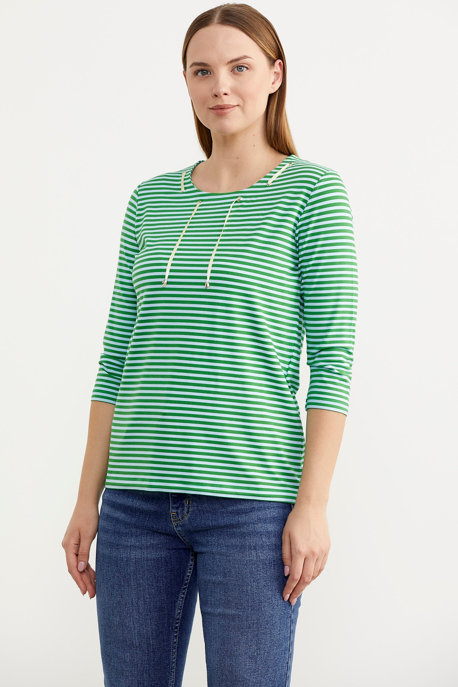 Neon İp Detaylı Çizgili Tişört - Yeşil (2) Sementa