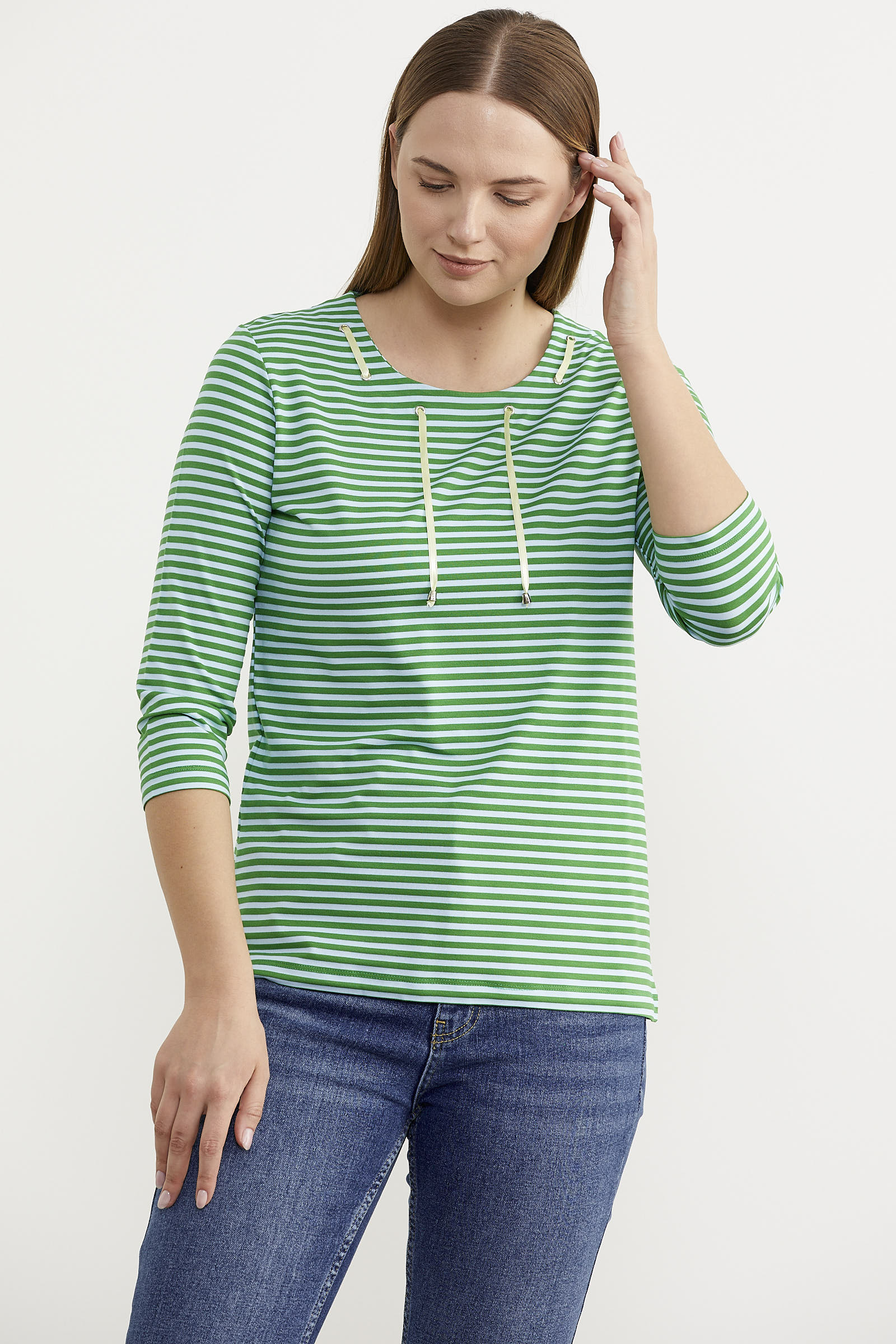 Neon İp Detaylı Çizgili Tişört - Yeşil (3) Sementa