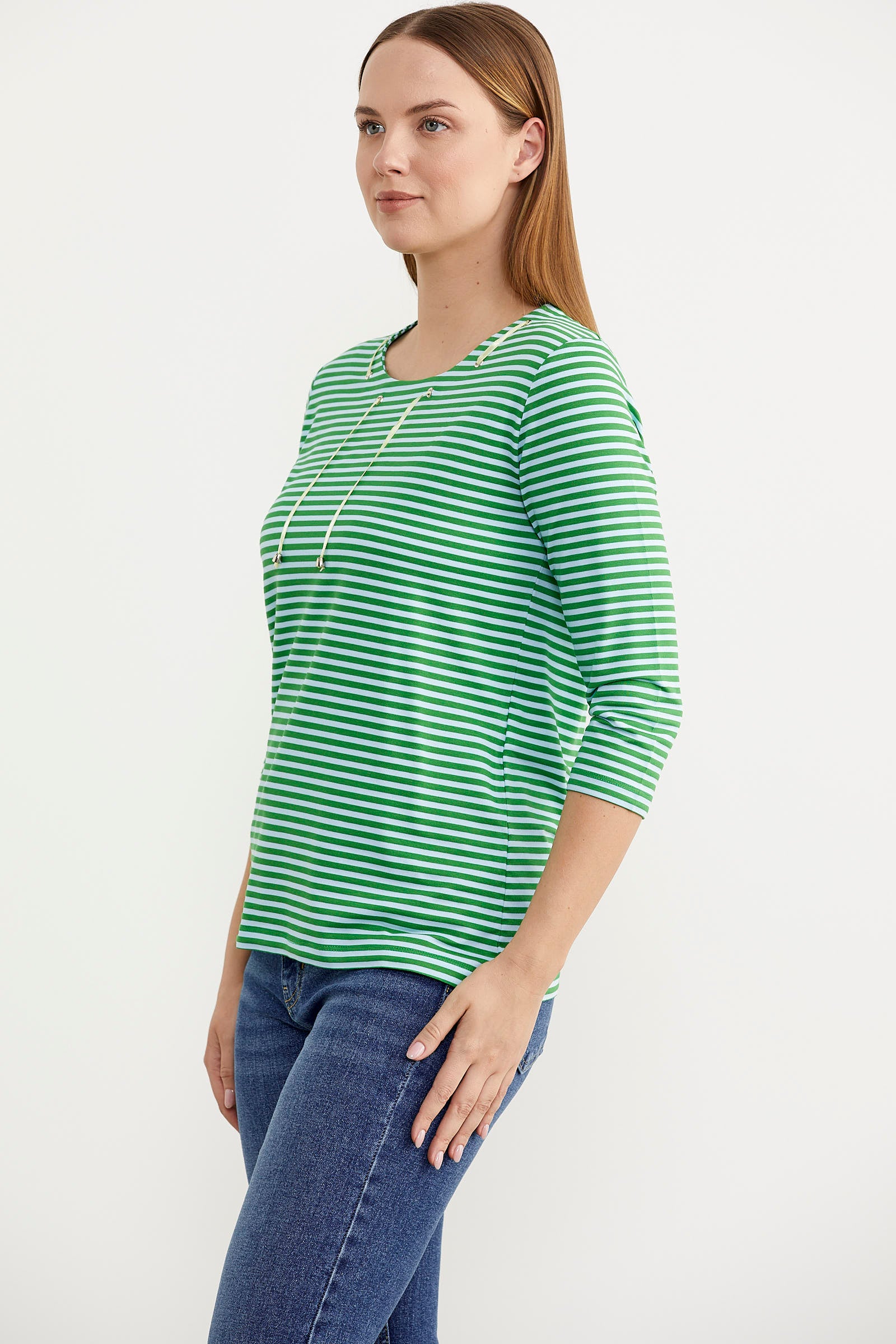Neon İp Detaylı Çizgili Tişört - Yeşil (4) Sementa