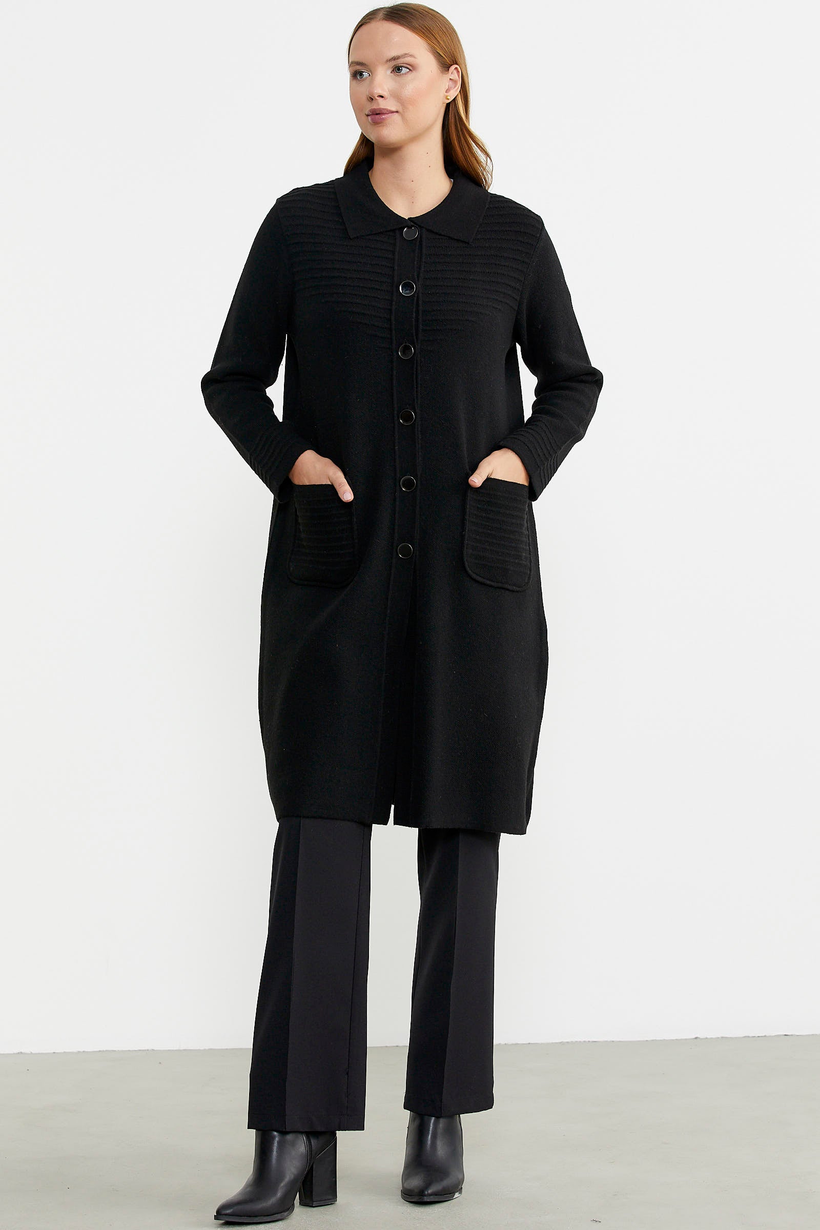 Nervür Detaylı Cepli Uzun Yünlü Triko Hırka - Siyah - Sementa