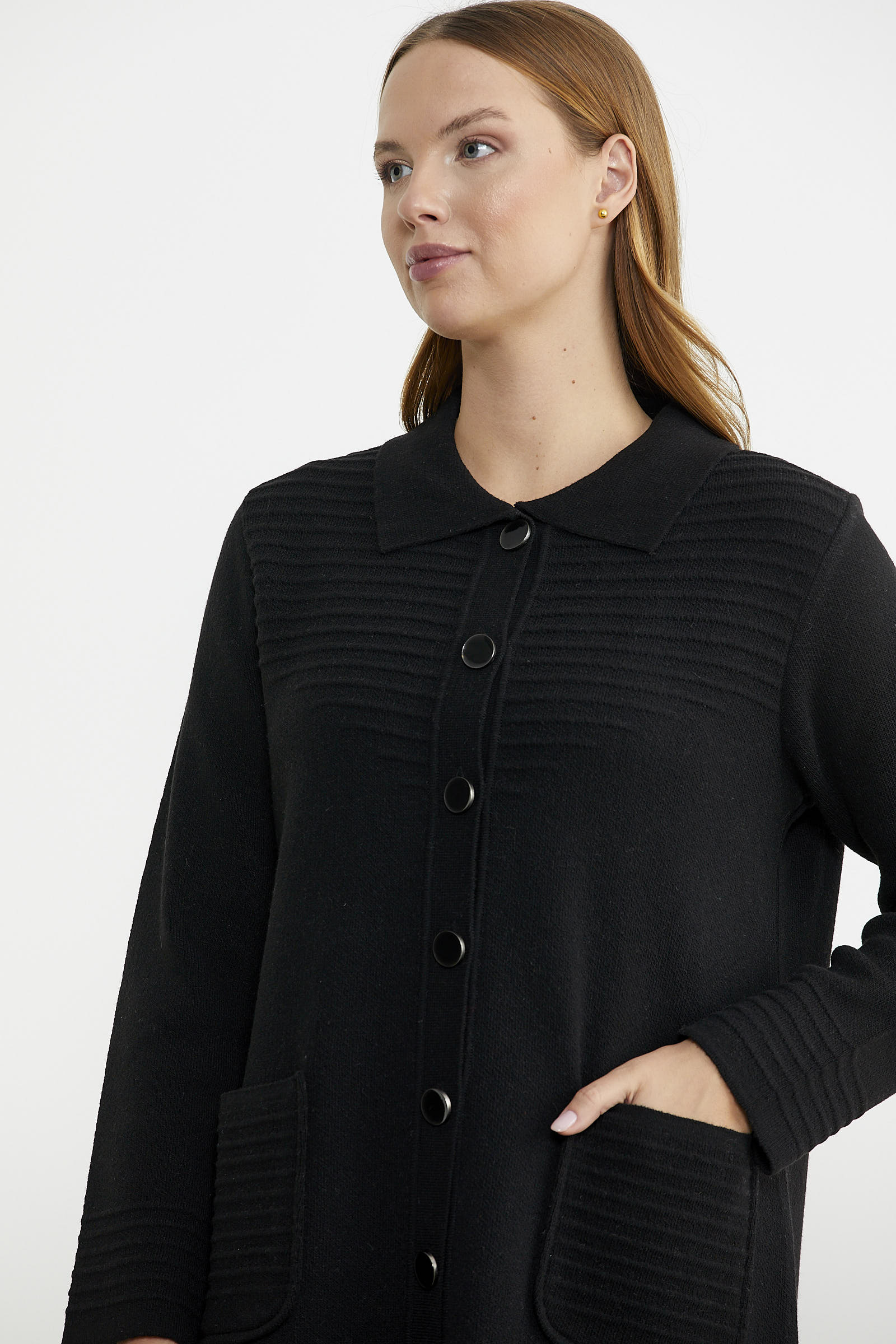 Nervür Detaylı Cepli Uzun Yünlü Triko Hırka - Siyah - Sementa