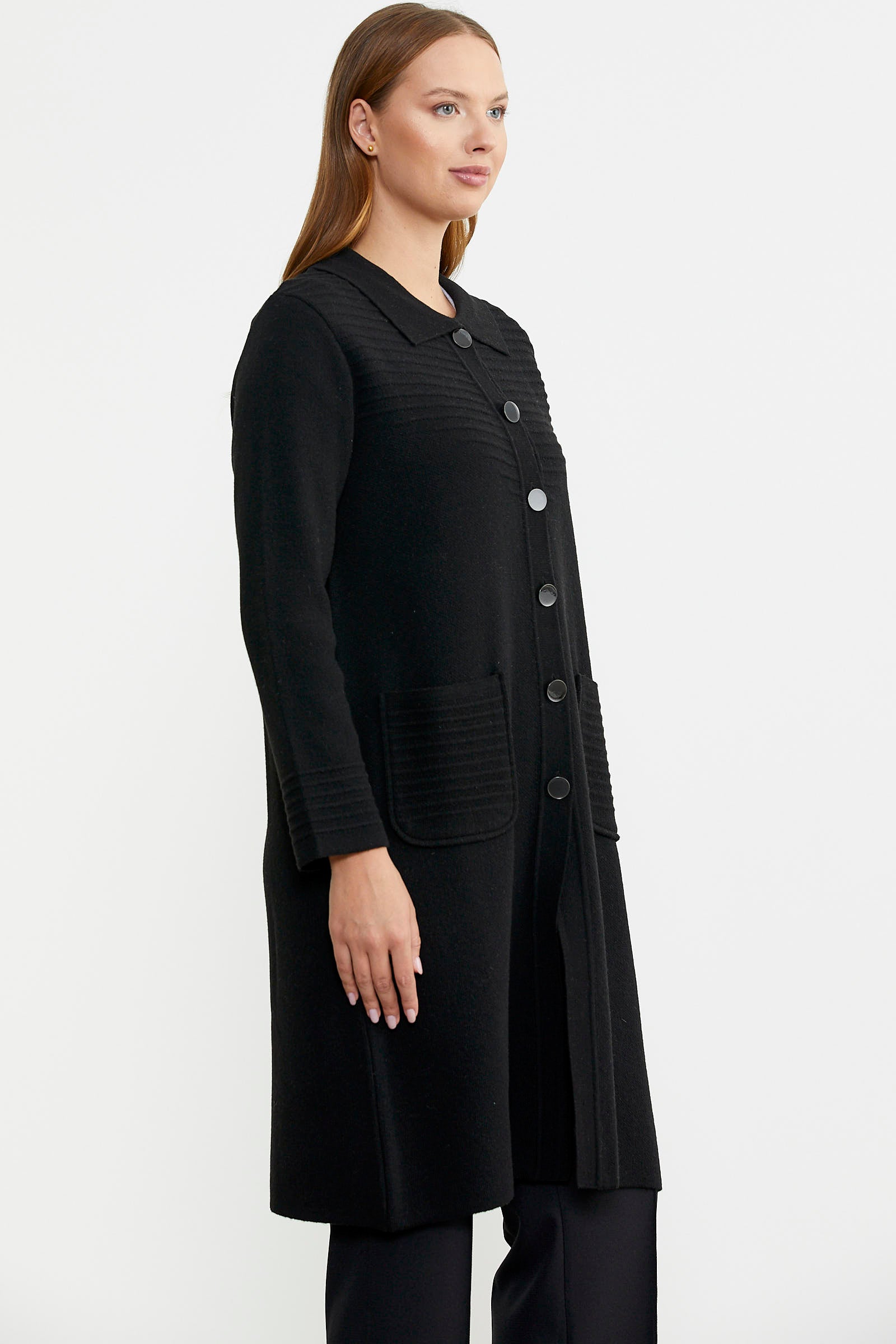 Nervür Detaylı Cepli Uzun Yünlü Triko Hırka - Siyah - Sementa