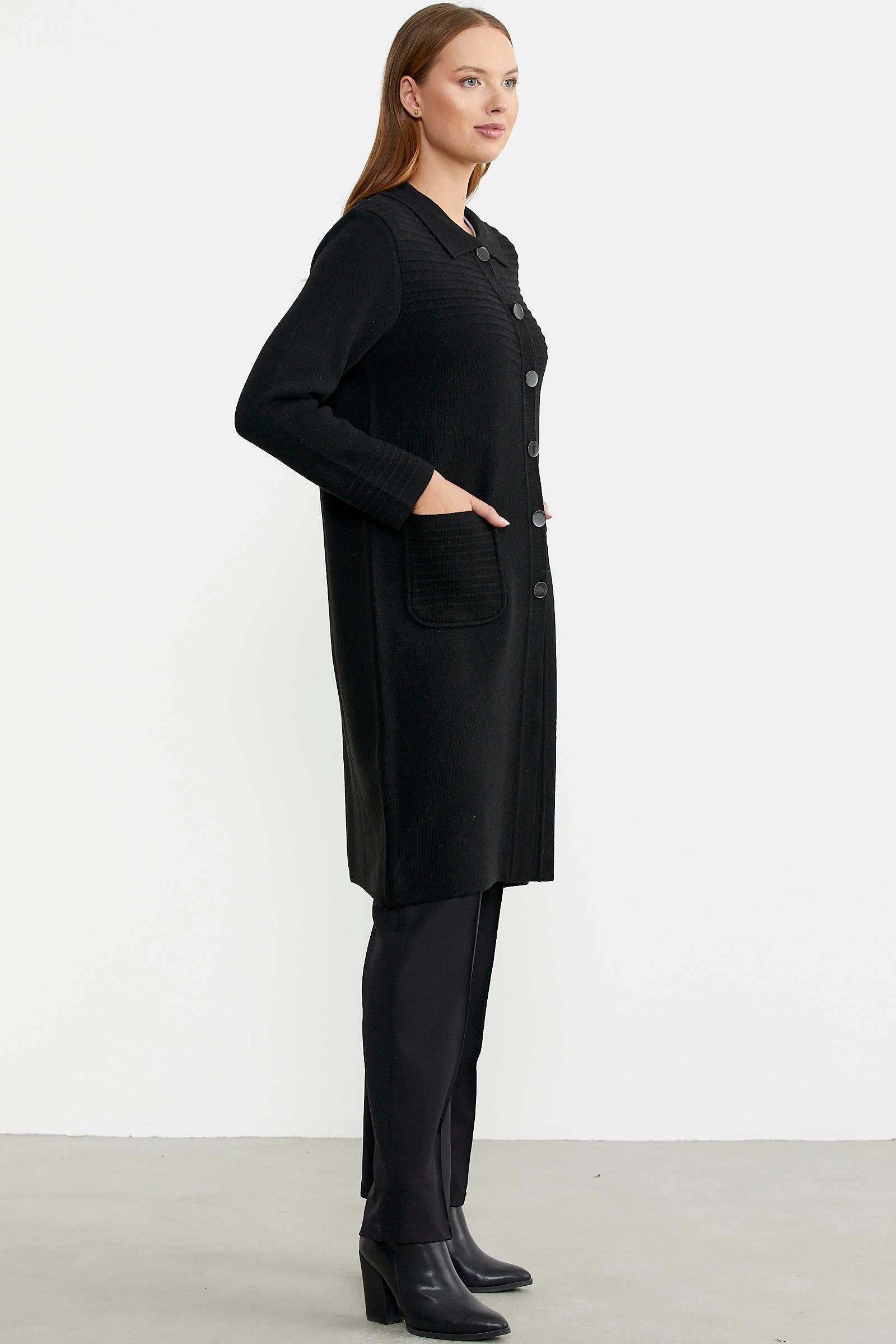 Nervür Detaylı Cepli Uzun Yünlü Triko Hırka - Siyah - Sementa