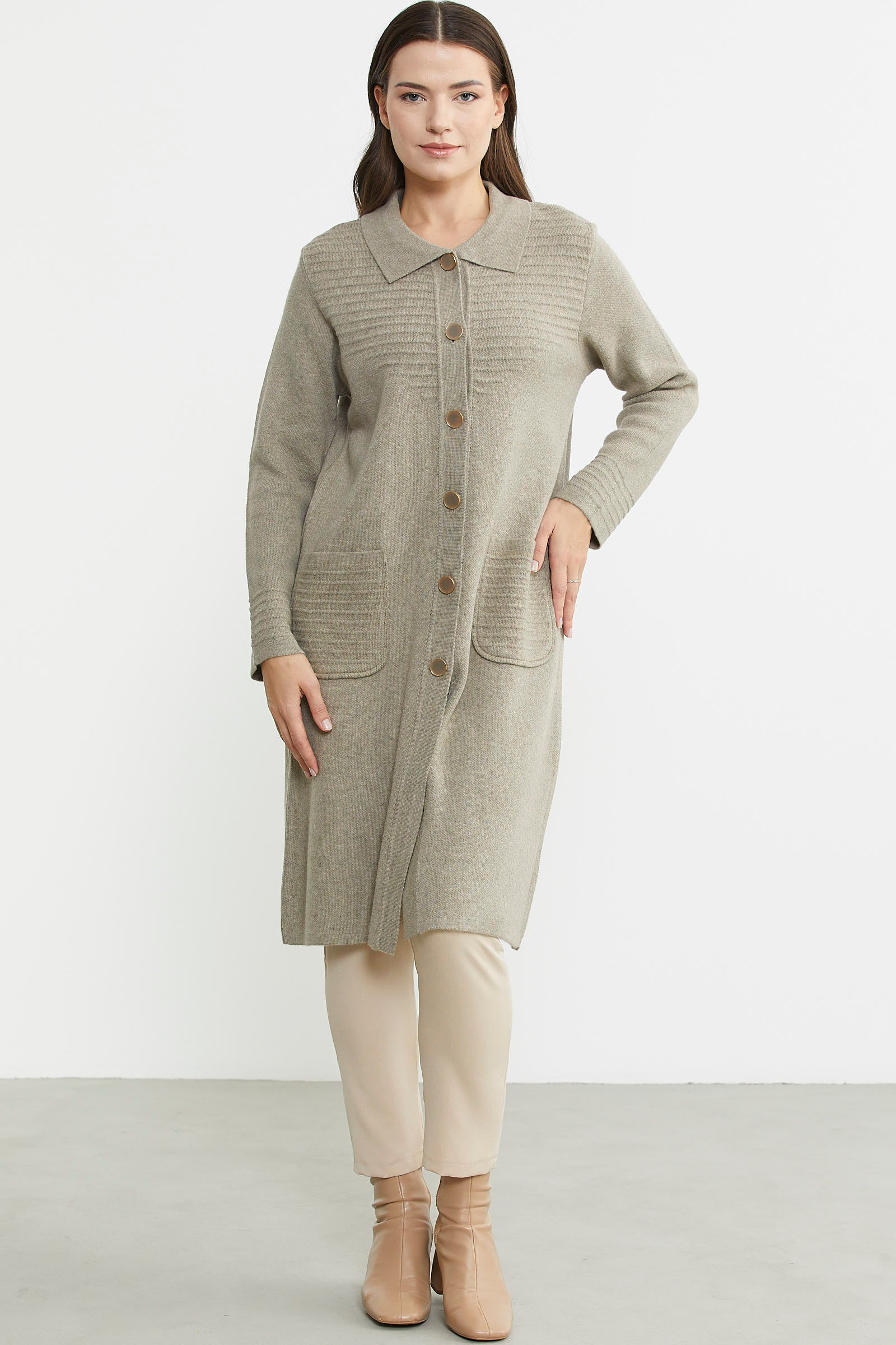 Nervür Detaylı Cepli Uzun Yünlü Triko Hırka - Vizon - Sementa