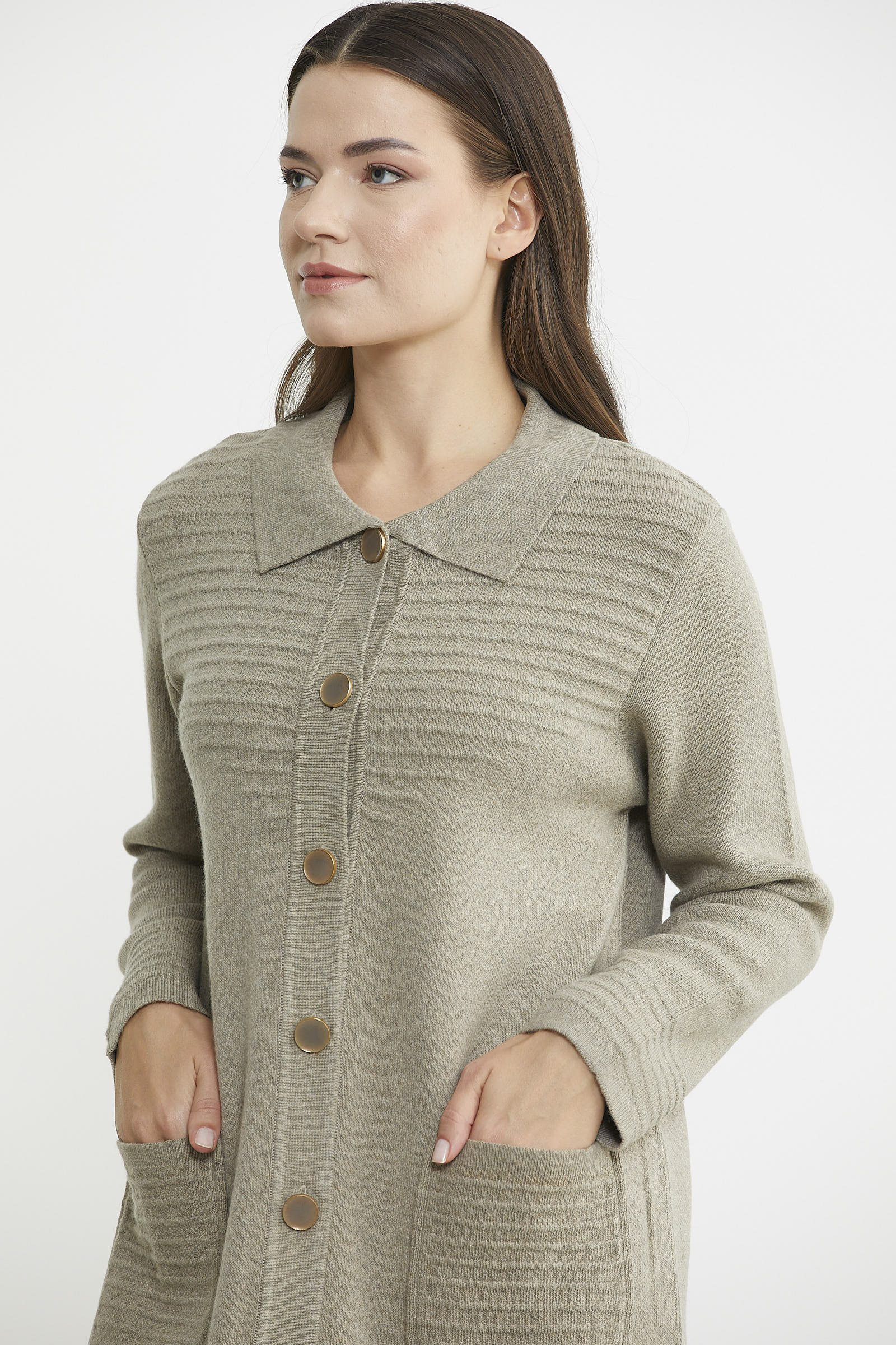 Nervür Detaylı Cepli Uzun Yünlü Triko Hırka - Vizon - Sementa