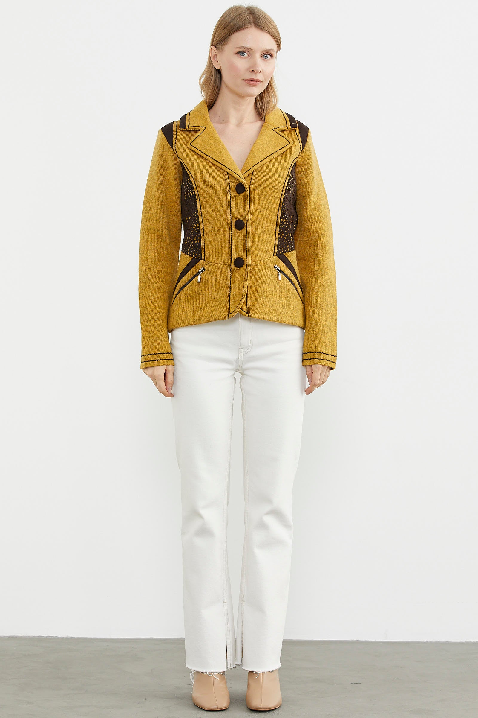 Nubuk Detaylı Triko Ceket - Güneş - Kahverengi (1) Sementa