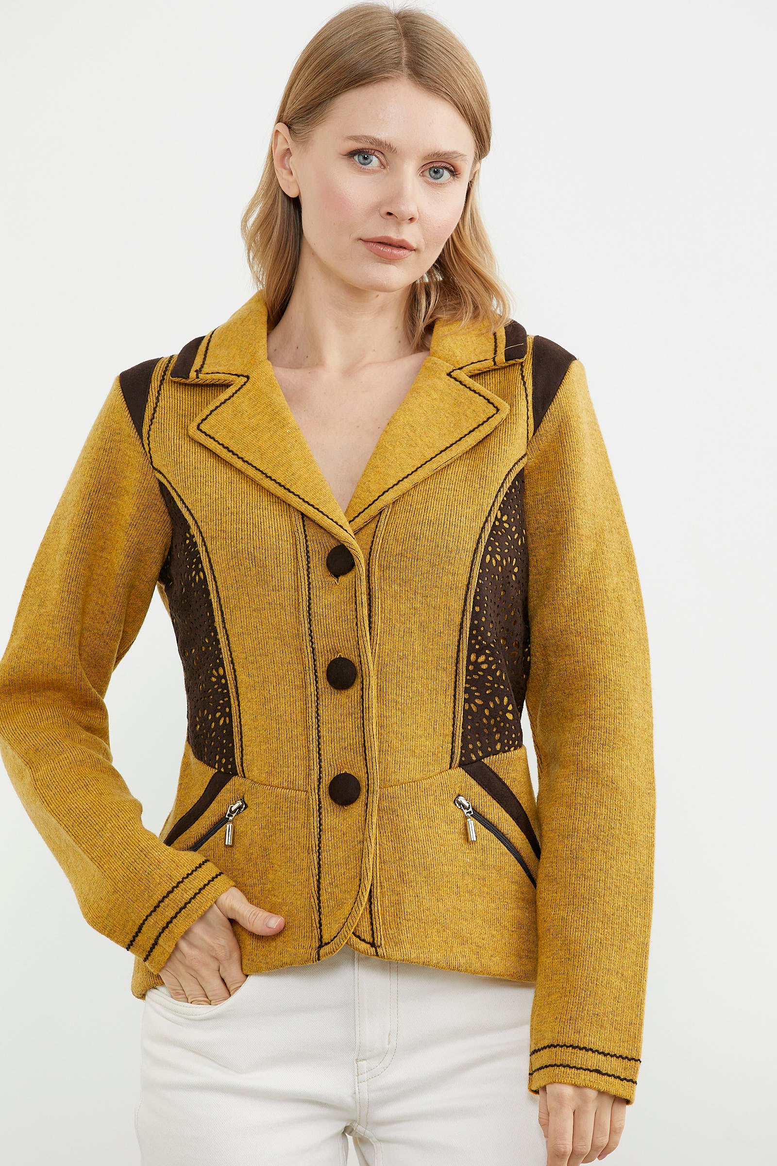 Nubuk Detaylı Triko Ceket - Güneş - Kahverengi (2) Sementa