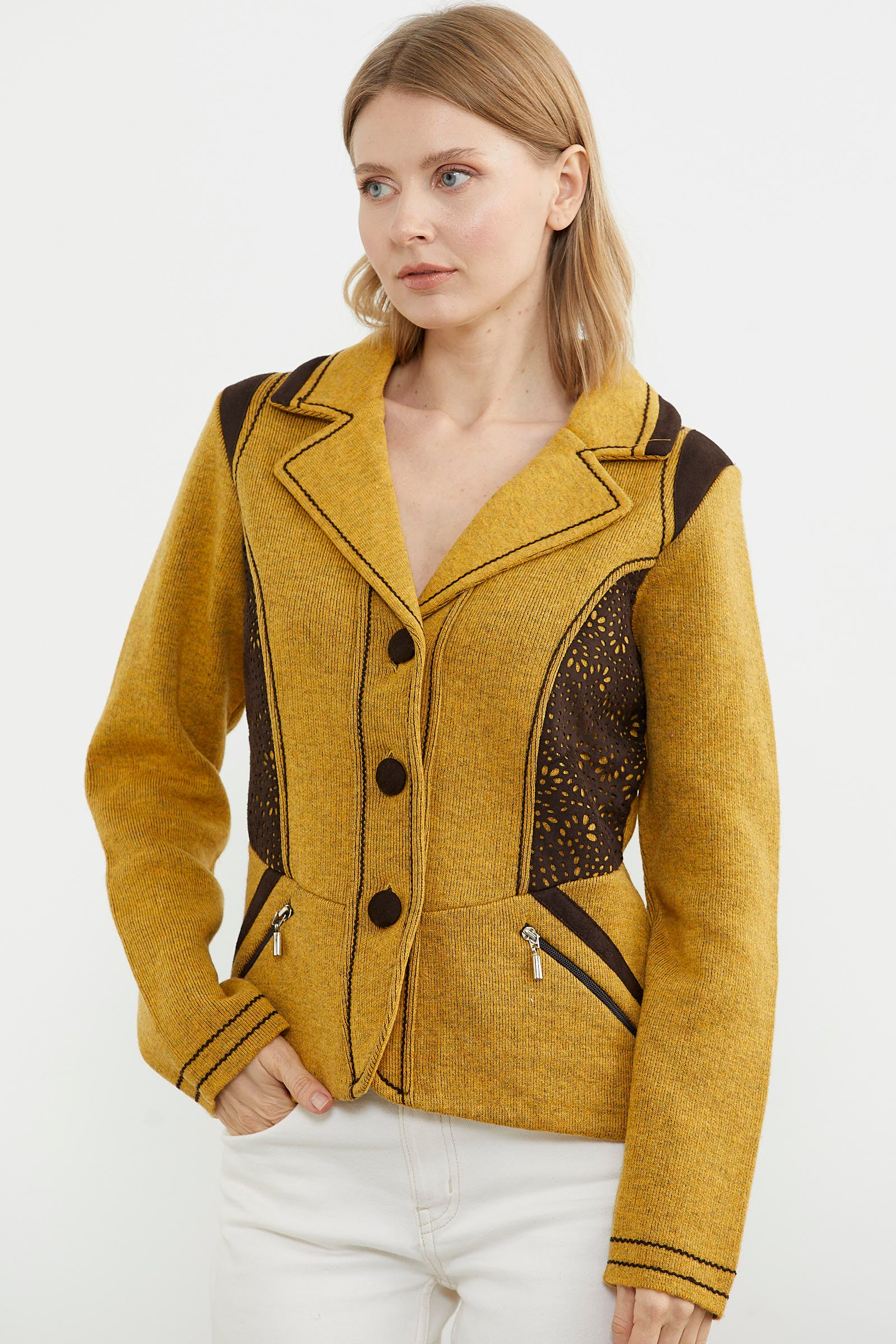 Nubuk Detaylı Triko Ceket - Güneş - Kahverengi (3) Sementa