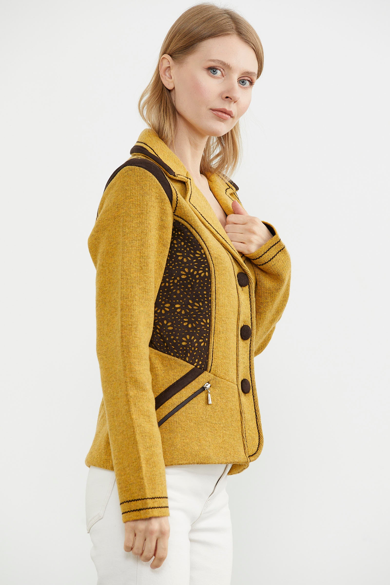 Nubuk Detaylı Triko Ceket - Güneş - Kahverengi (4) Sementa