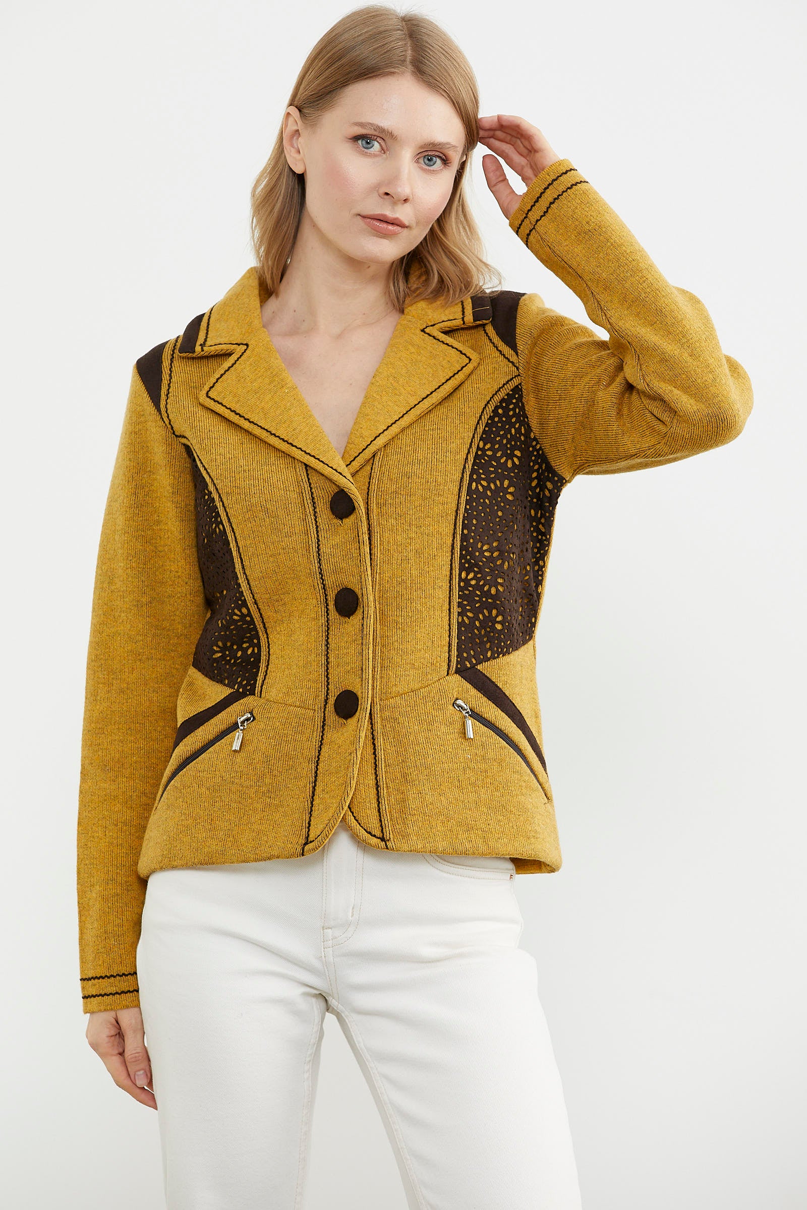 Nubuk Detaylı Triko Ceket - Güneş - Kahverengi (5) Sementa