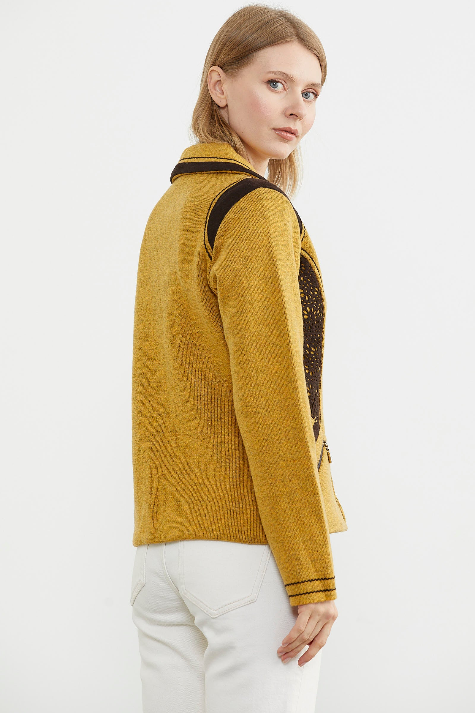 Nubuk Detaylı Triko Ceket - Güneş - Kahverengi (6) Sementa