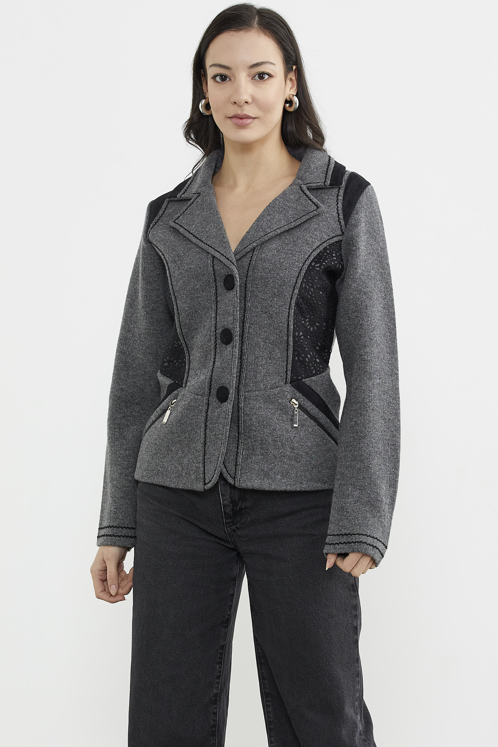 Nubuk Detaylı Triko Ceket - Koyu Gri - Siyah (1) Sementa