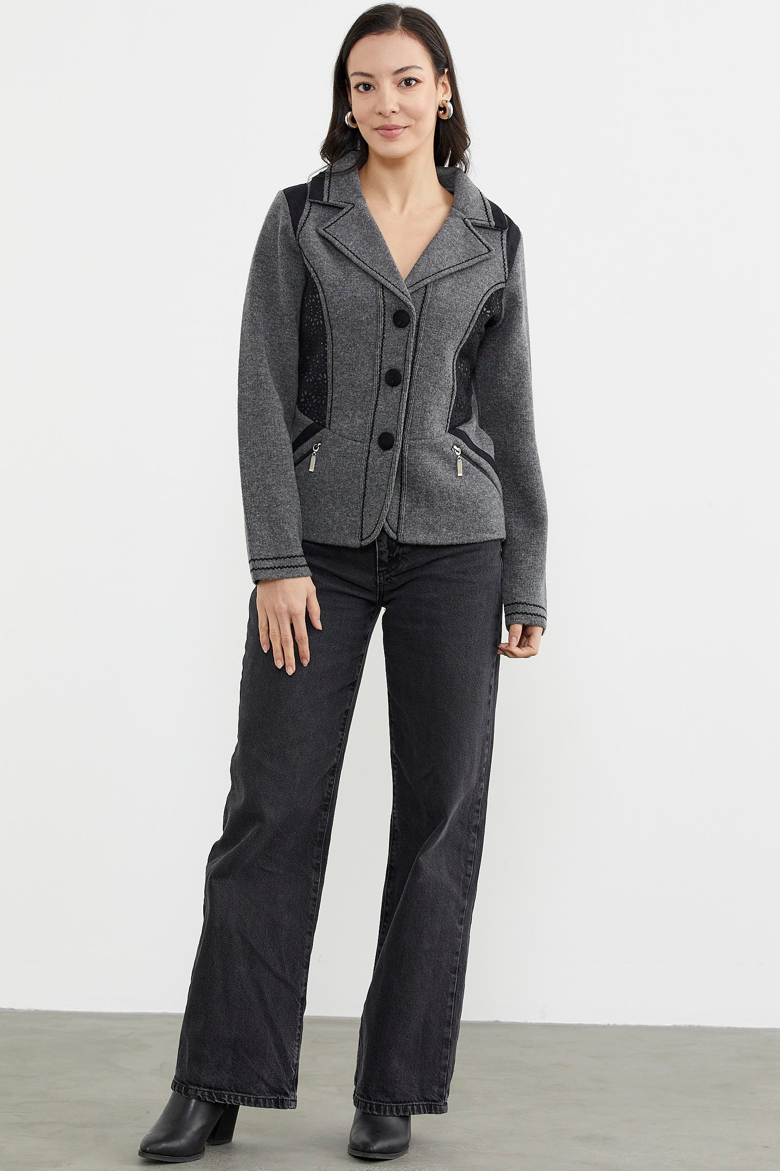 Nubuk Detaylı Triko Ceket - Koyu Gri - Siyah (2) Sementa