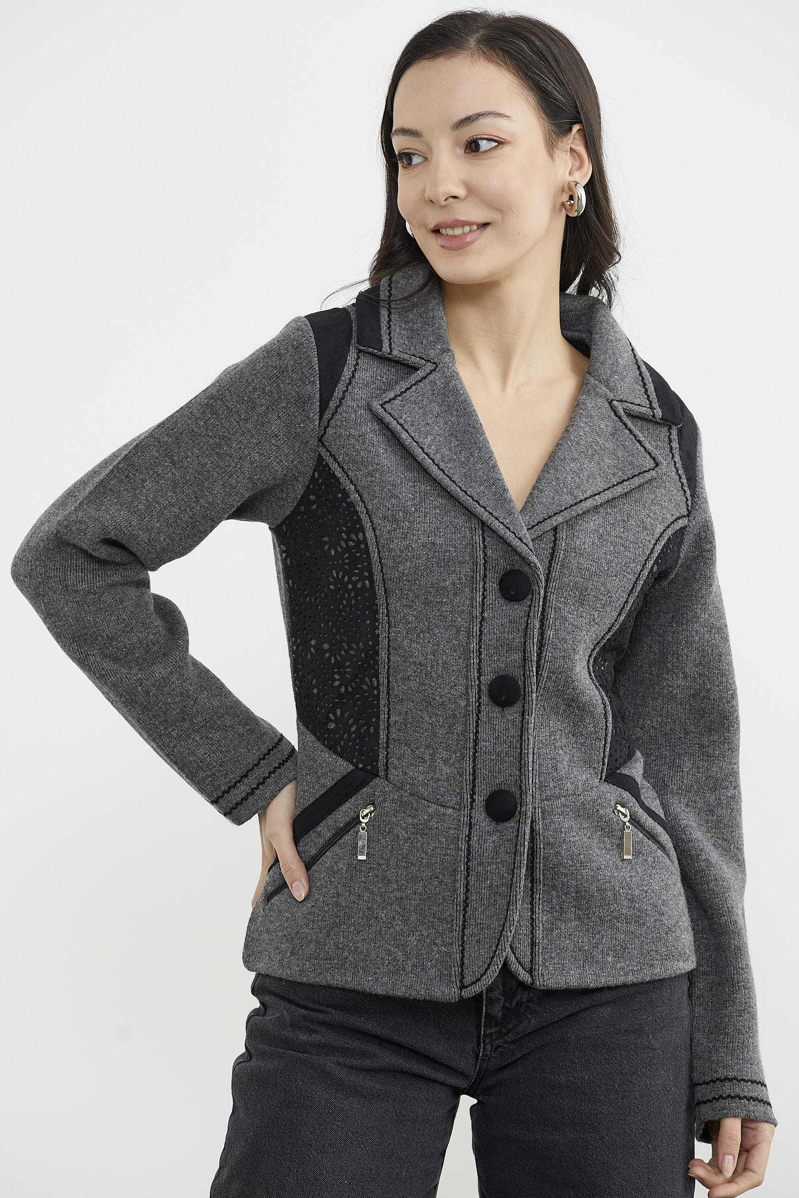 Nubuk Detaylı Triko Ceket - Koyu Gri - Siyah (4) Sementa