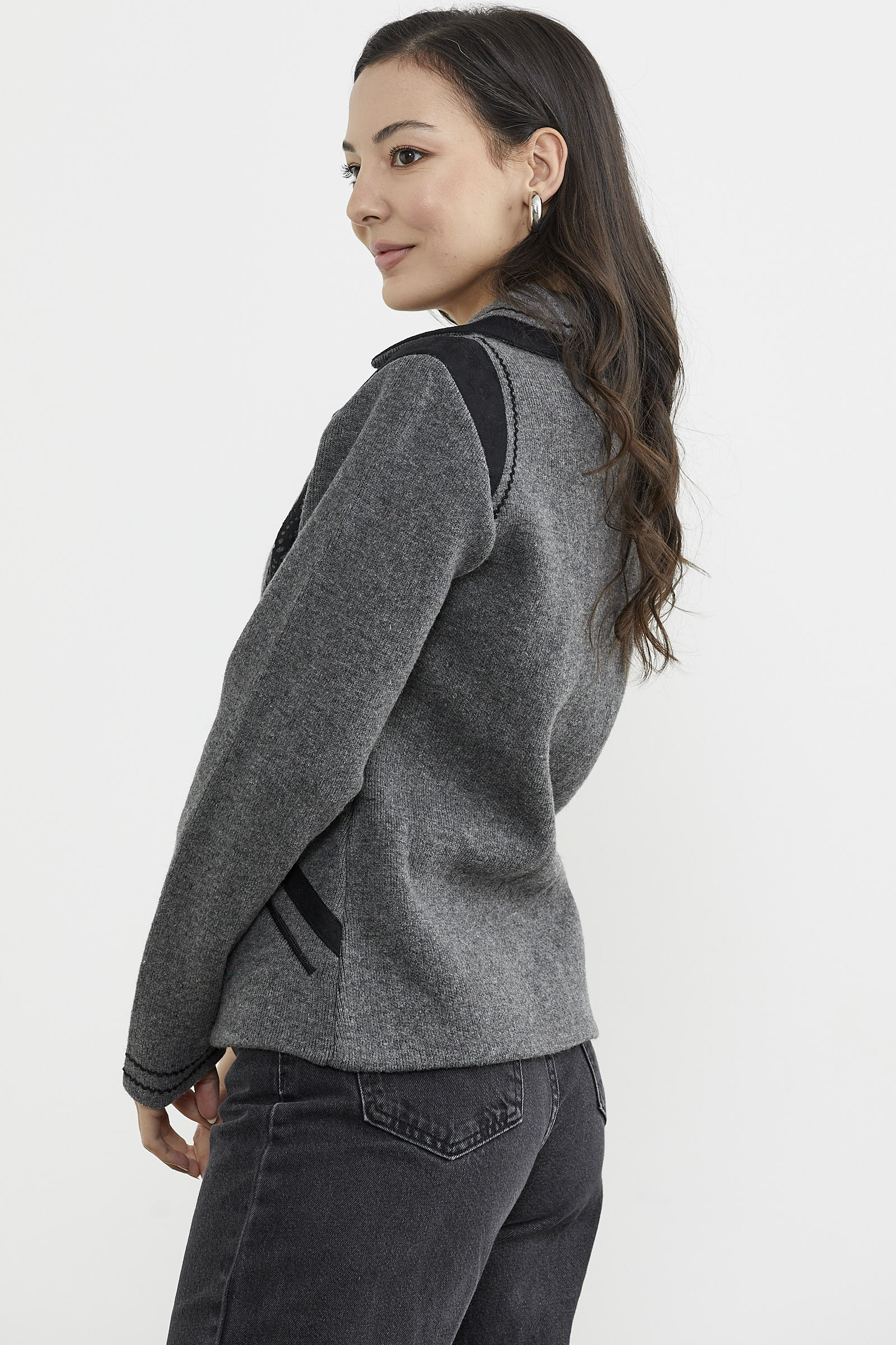 Nubuk Detaylı Triko Ceket - Koyu Gri - Siyah (5) Sementa