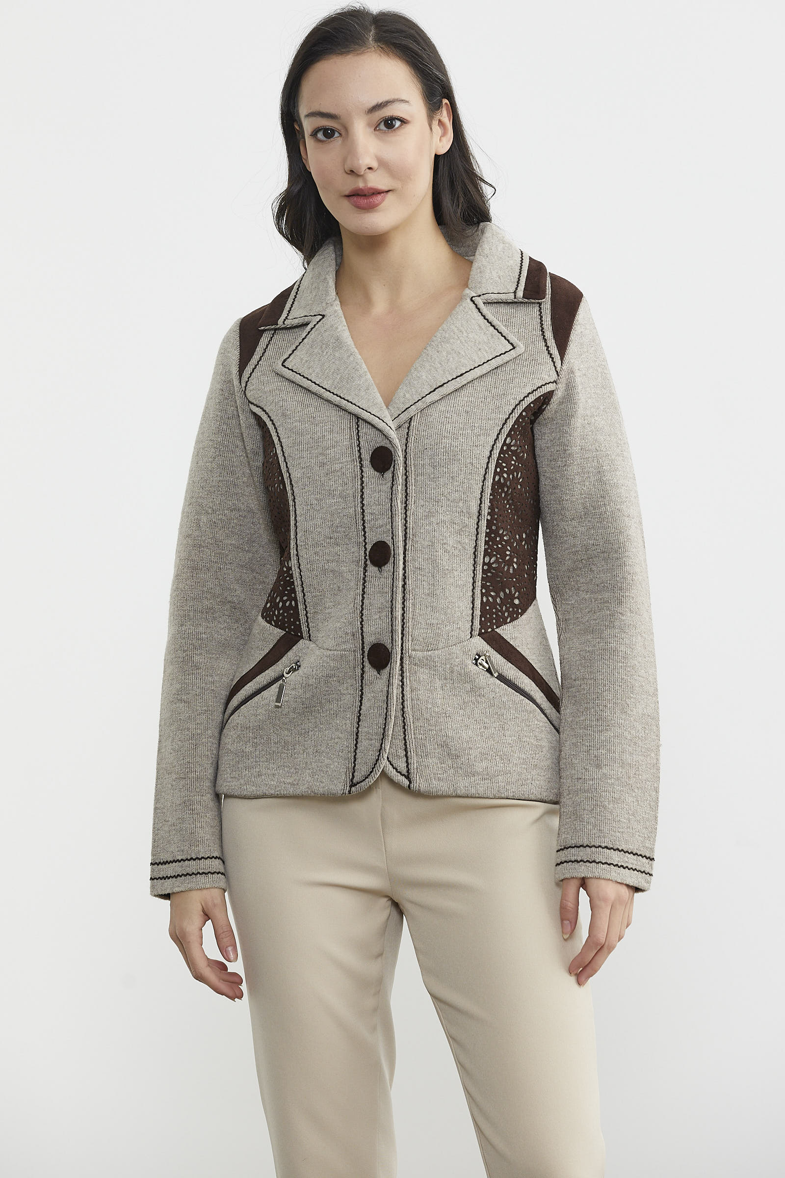 Nubuk Detaylı Triko Ceket - Vizon - Kahverengi (1) Sementa