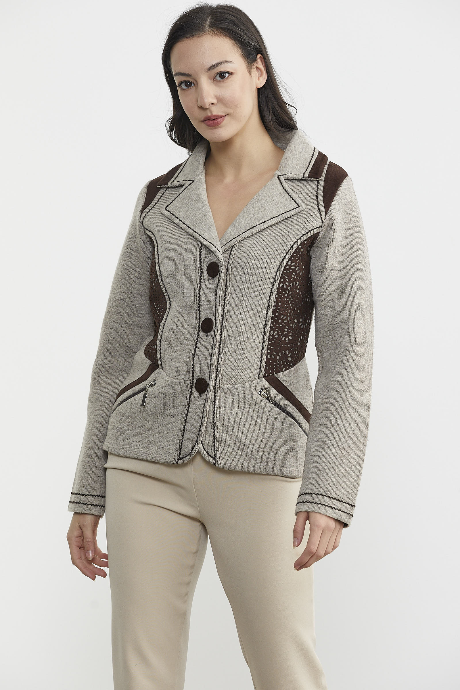 Nubuk Detaylı Triko Ceket - Vizon - Kahverengi (2) Sementa