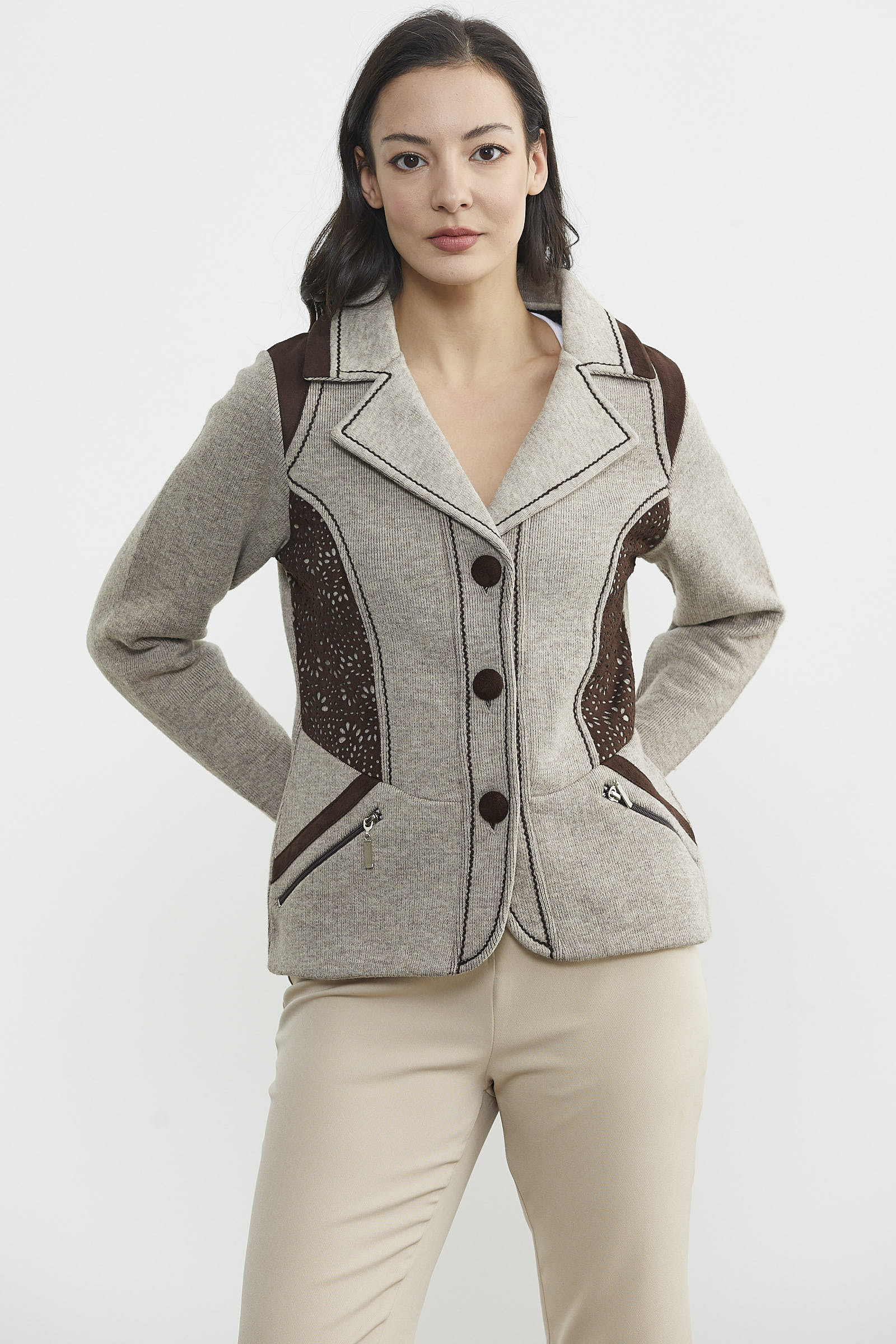 Nubuk Detaylı Triko Ceket - Vizon - Kahverengi (5) Sementa