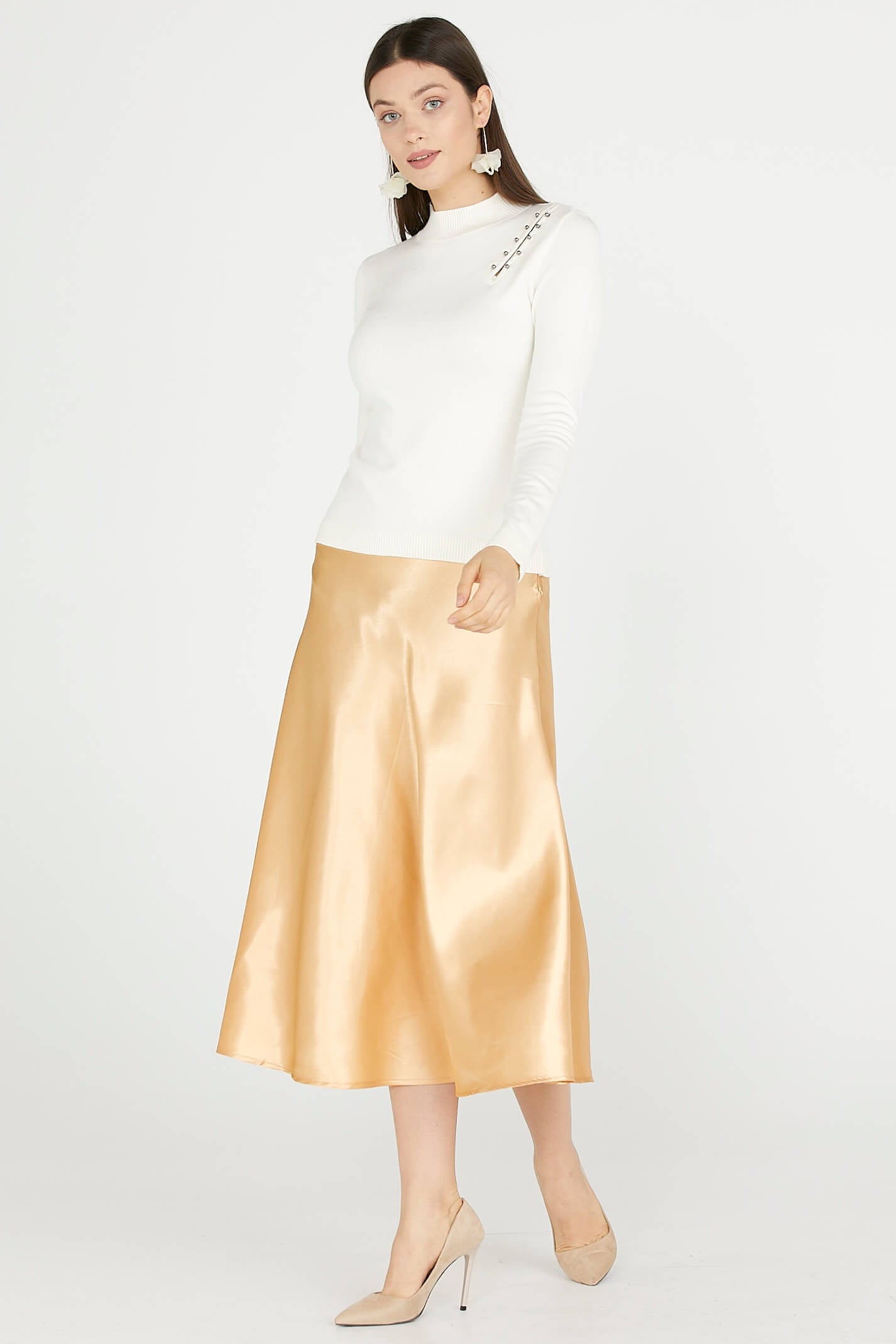 Omuz Aksesuarlı Triko Kazak - Kemik (4) Sementa