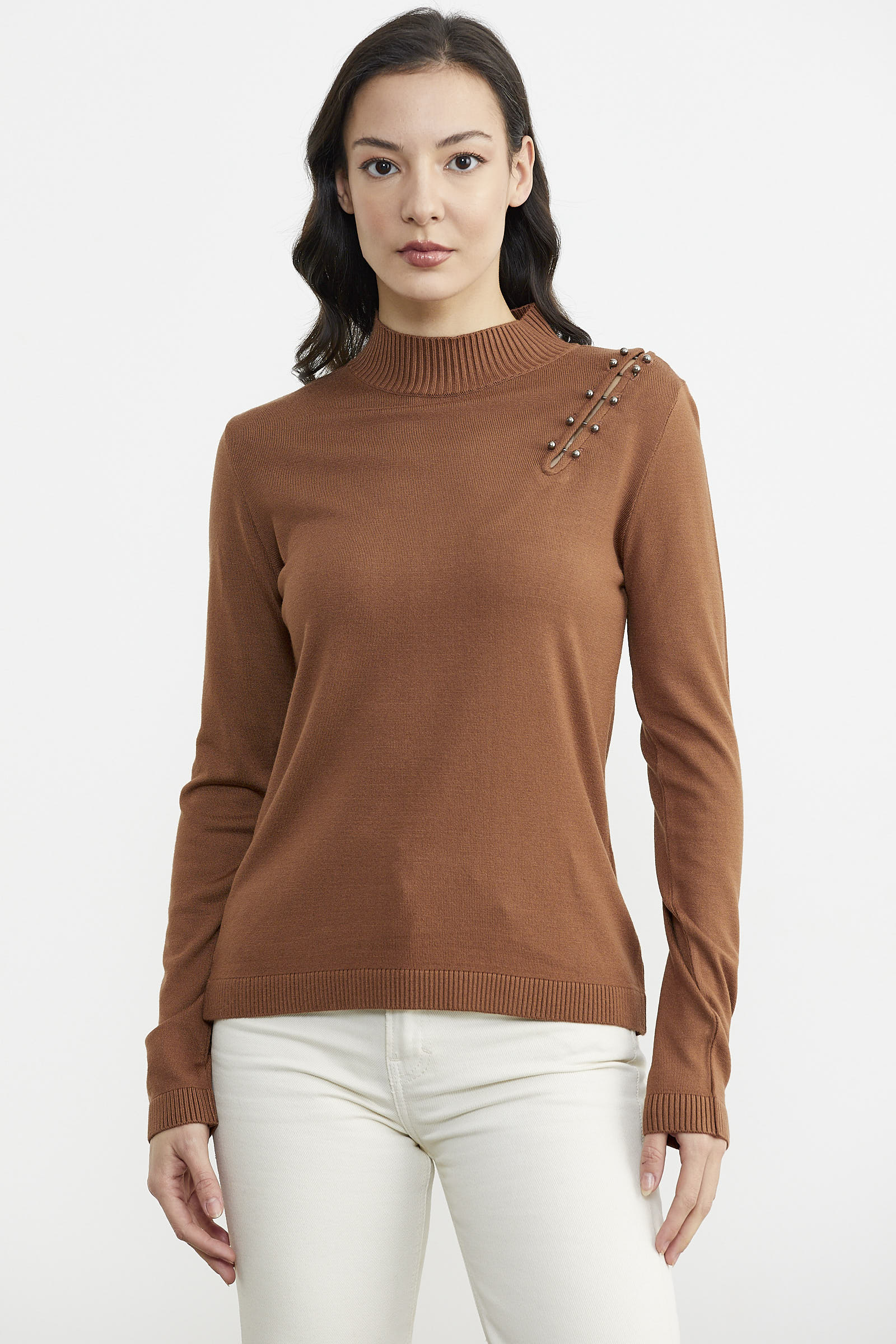 Omuz Aksesuarlı Triko Kazak - Kiremit (1) Sementa