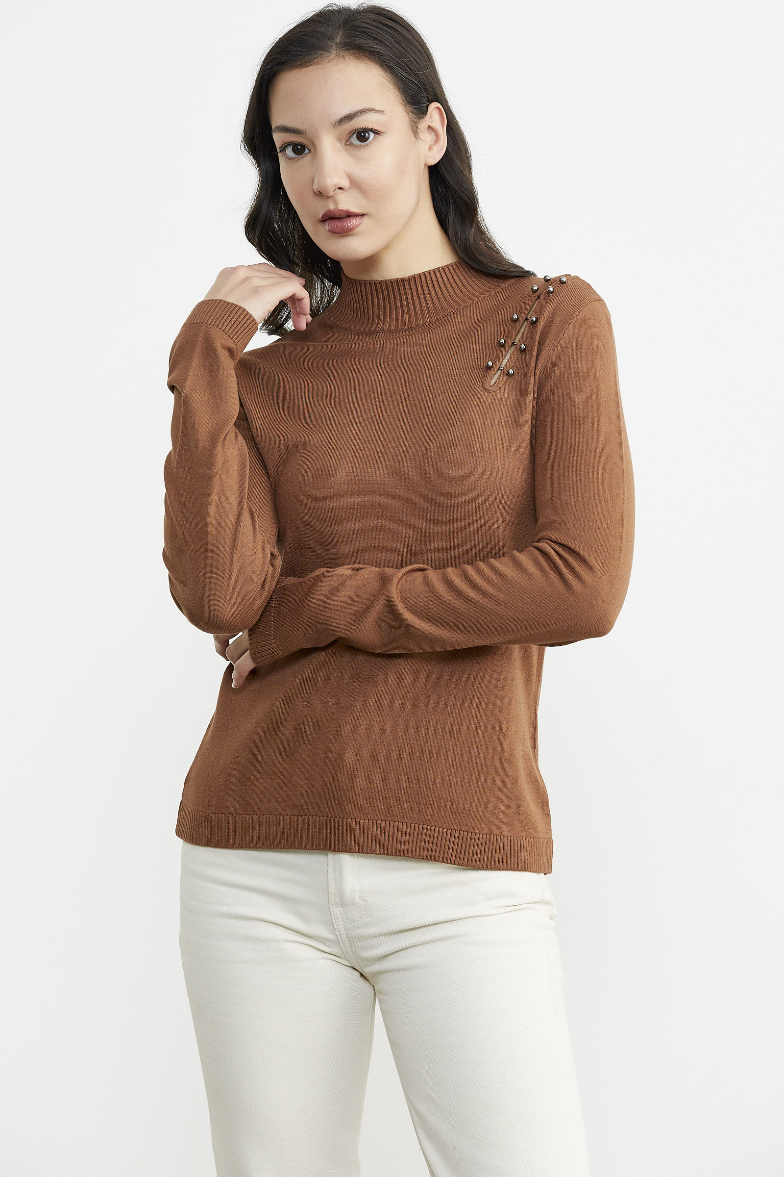 Omuz Aksesuarlı Triko Kazak - Kiremit (3) Sementa