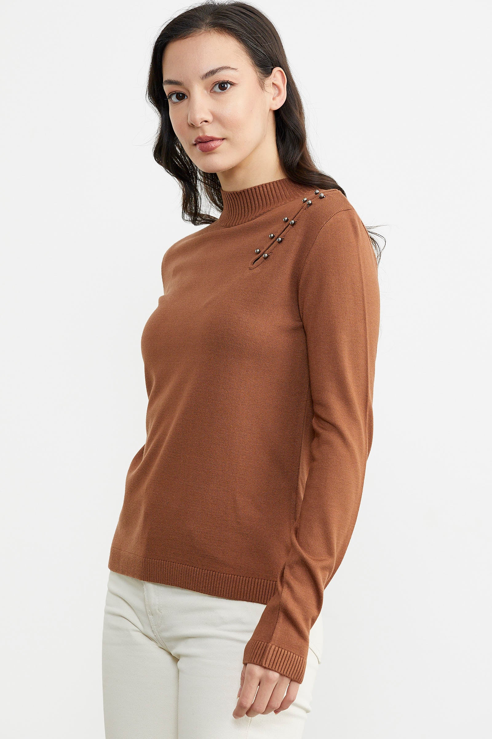 Omuz Aksesuarlı Triko Kazak - Kiremit (4) Sementa