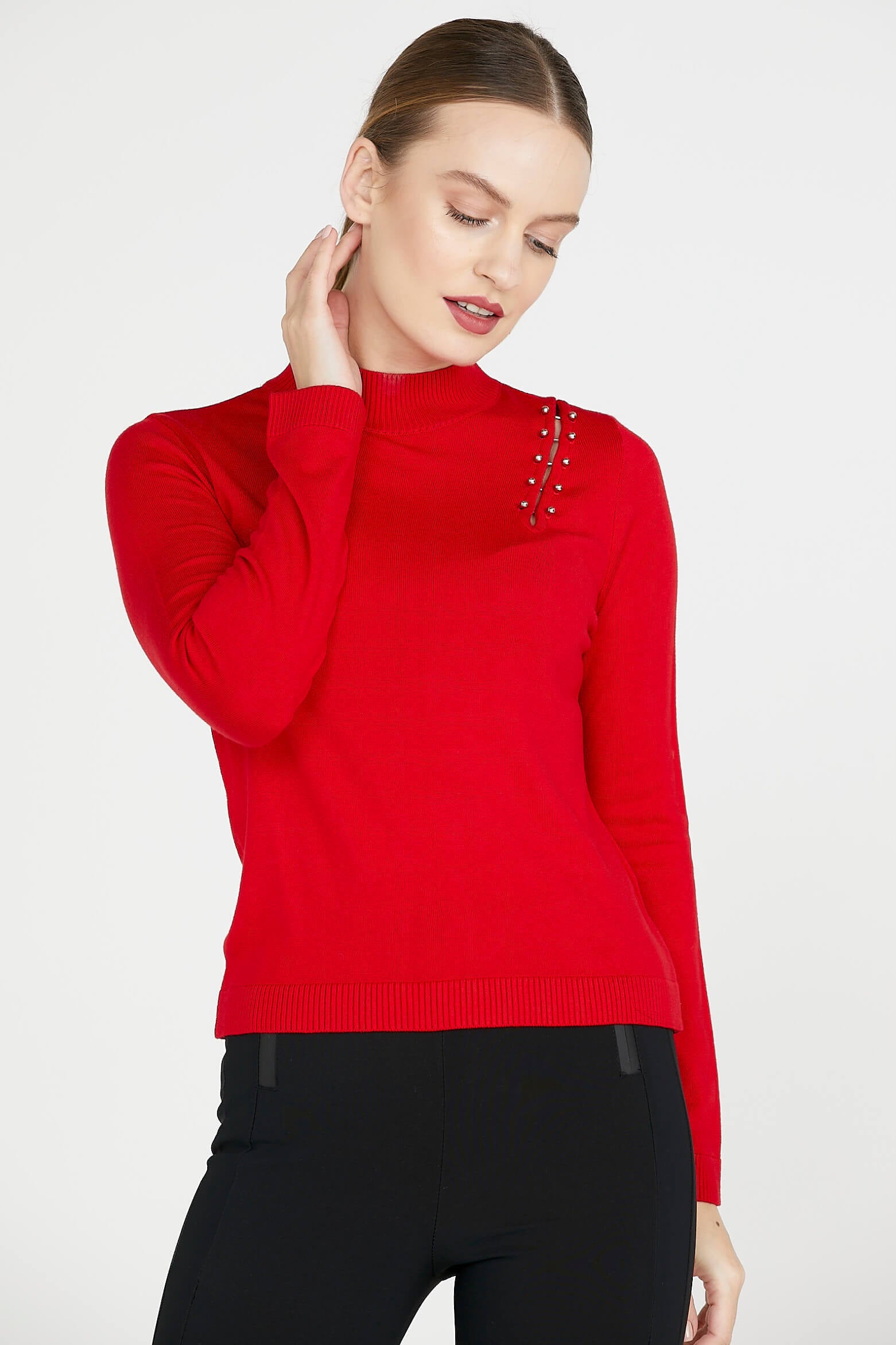 Omuz Aksesuarlı Triko Kazak - Kırmızı (3) Sementa