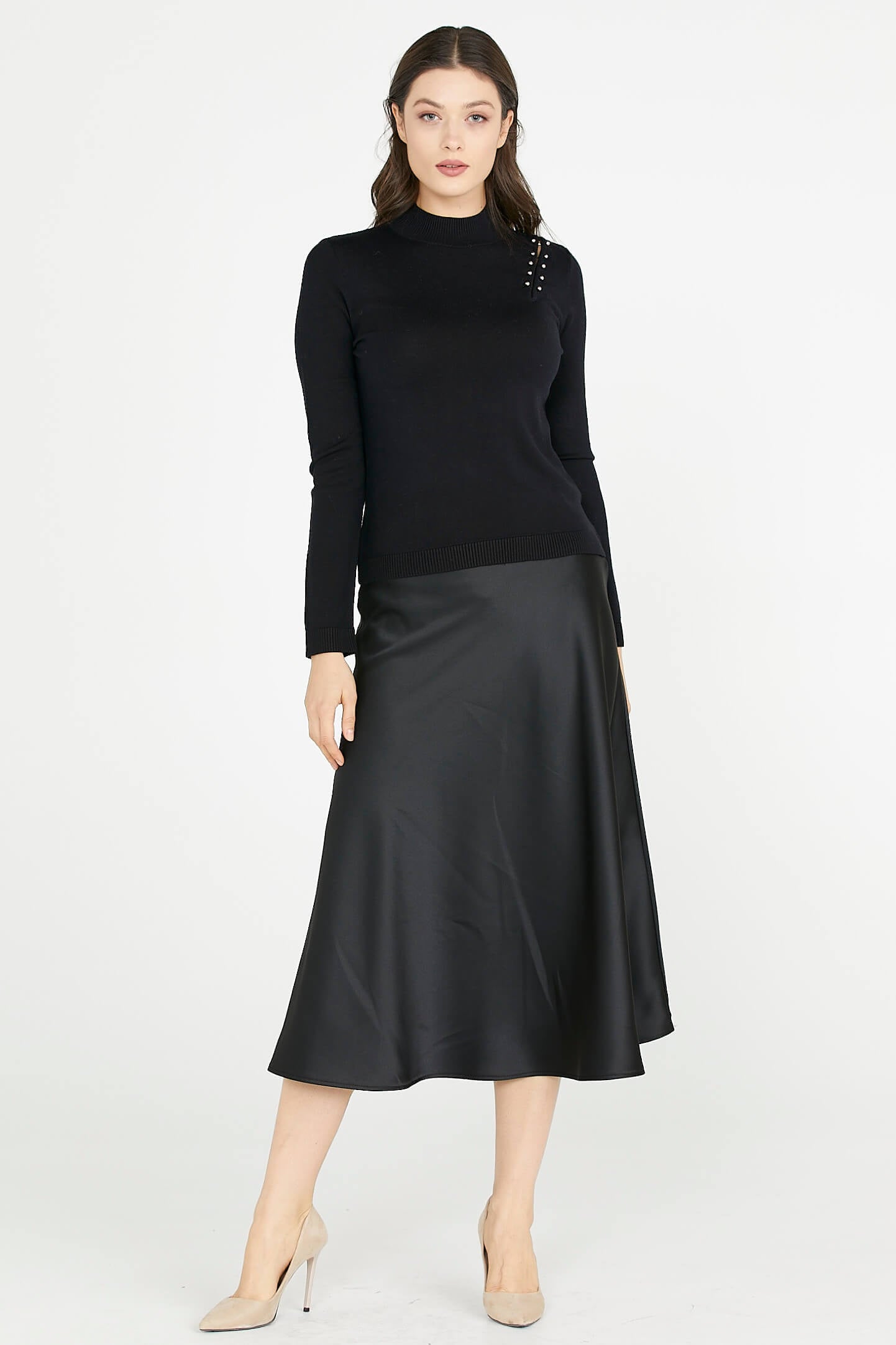 Omuz Aksesuarlı Triko Kazak - Siyah (3) Sementa