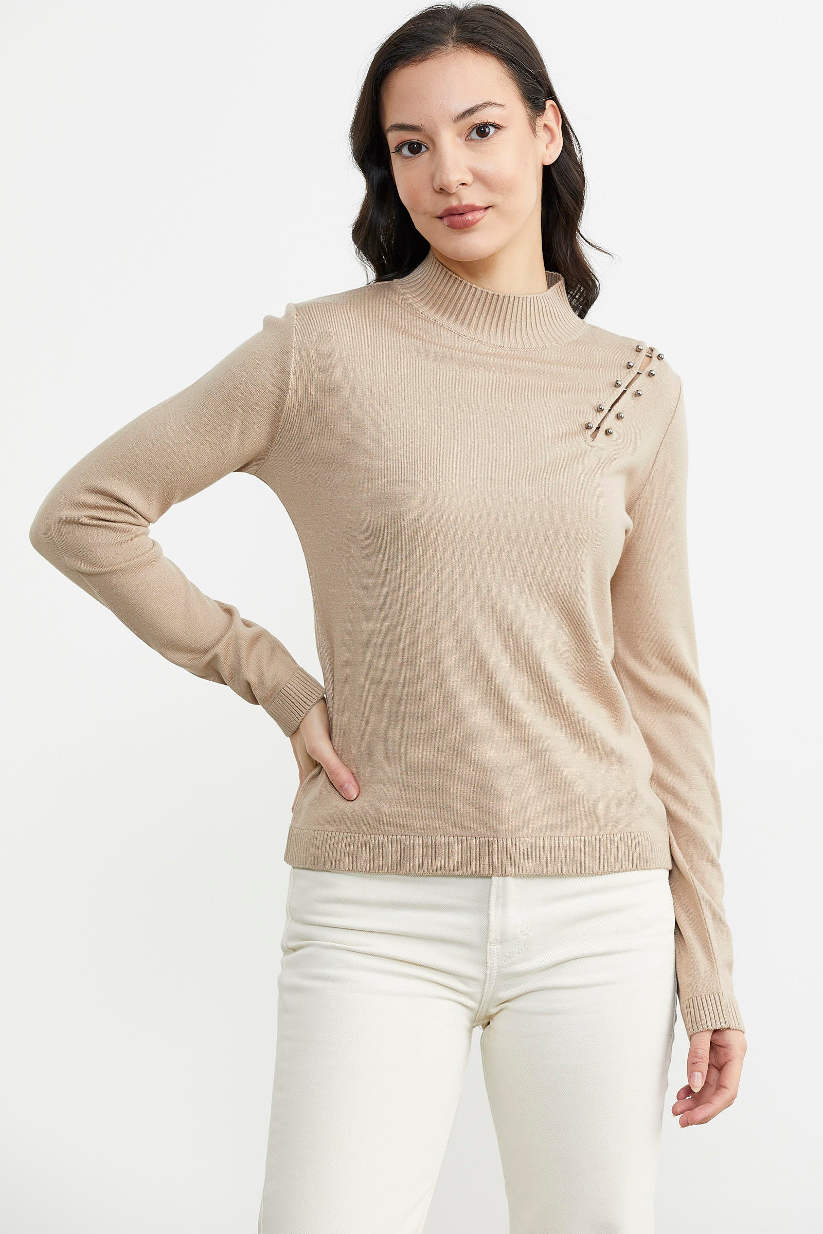 Omuz Aksesuarlı Triko Kazak - Vizon (3) Sementa