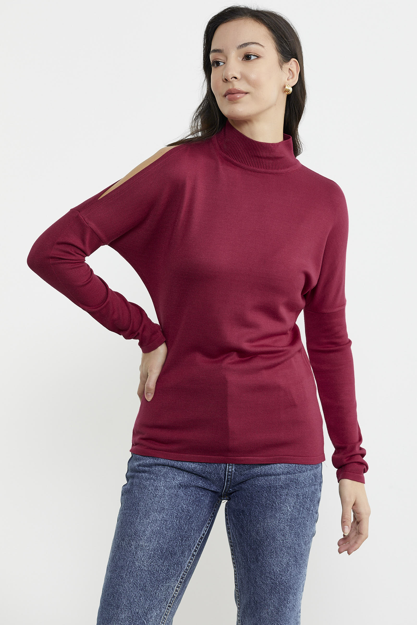 Omuz Detaylı Triko Kazak - Bordo (3) Sementa