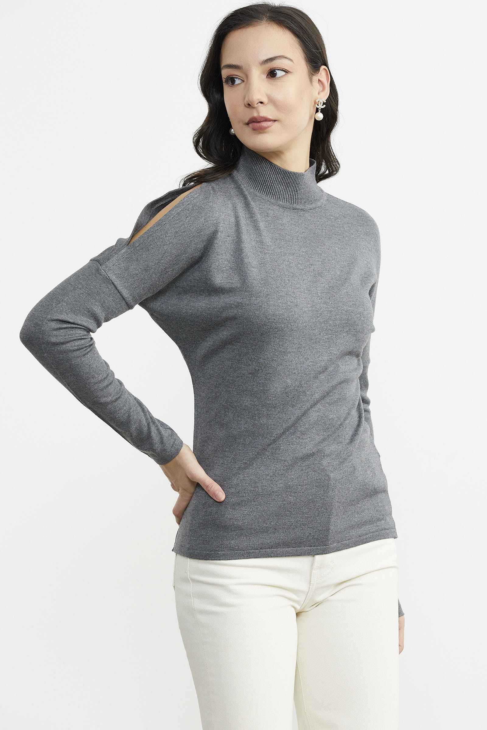 Omuz Detaylı Triko Kazak - Koyu Gri (3) Sementa